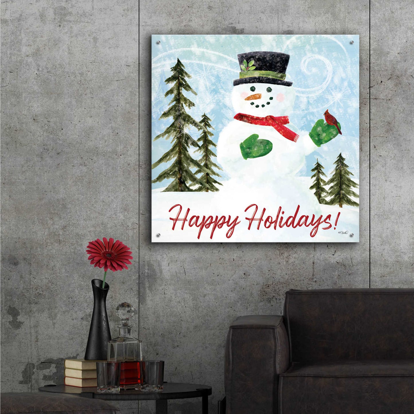 Epic Art 'Happy Holidays Snowman' by Kate Sherrill, Acrylic Glass Wall Art,36x36