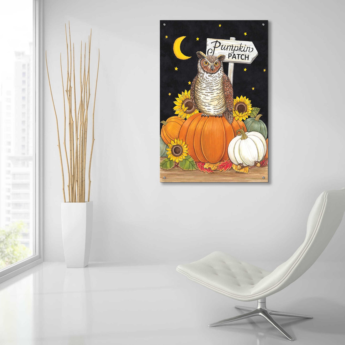 Epic Art 'Pumpkin Patch Owl' by Deb Strain, Acrylic Glass Wall Art,24x36