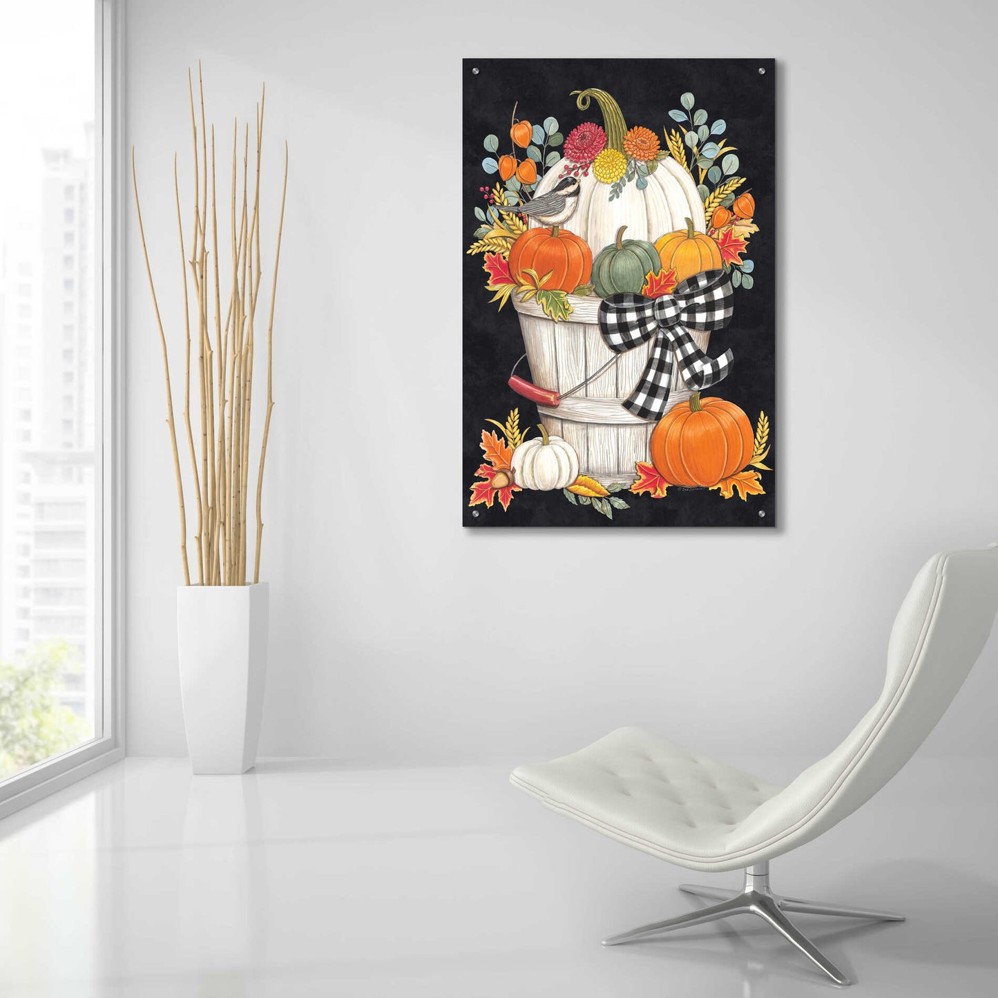 Epic Art 'Fall Bucket with Chickadee' by Deb Strain, Acrylic Glass Wall Art,24x36