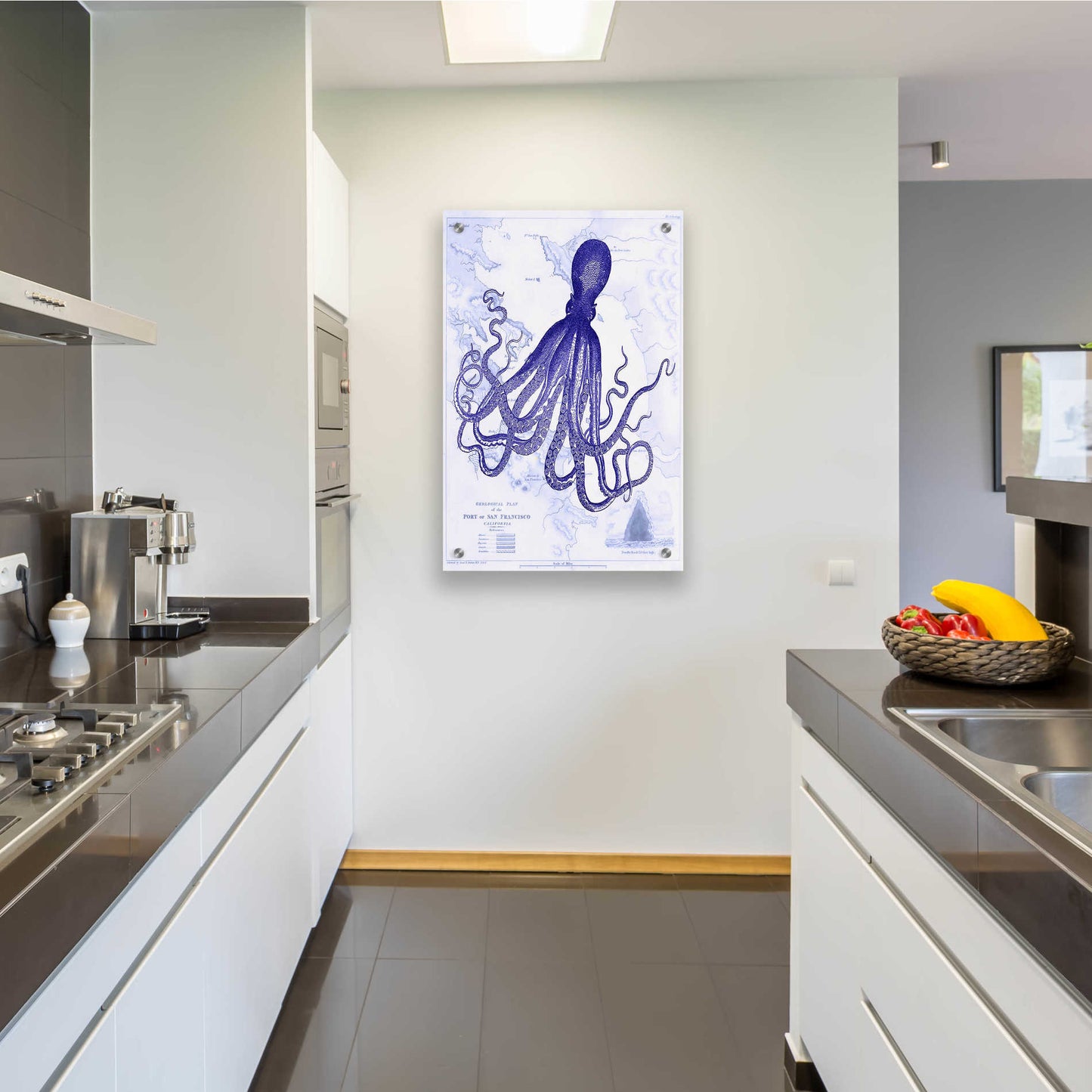 Epic Art 'Blue Octopus 1 on Nautical Map' by Fab Funky, Acrylic Glass Wall Art,24x36