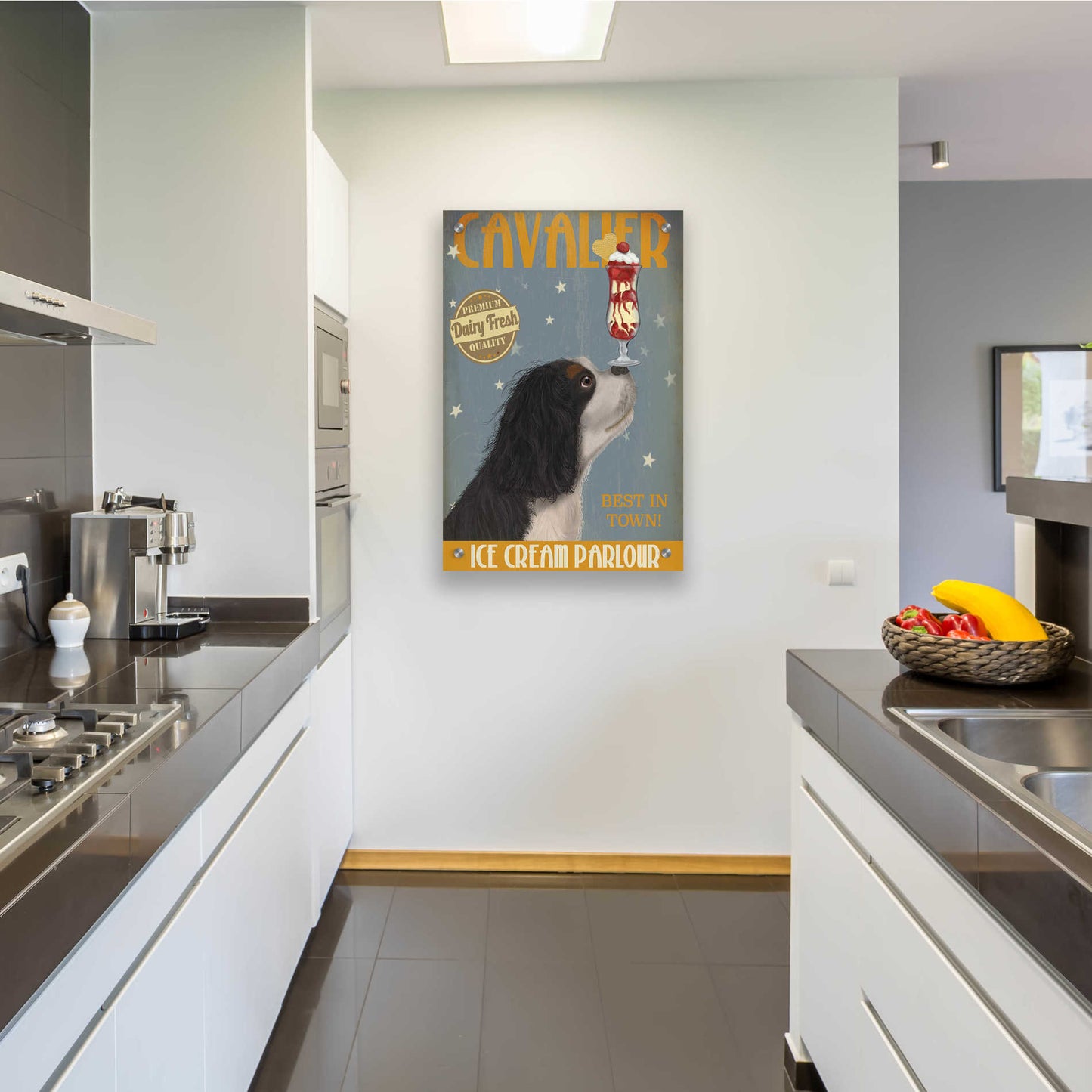 Epic Art 'Cavalier King Charles, Black White, Ice Cream' by Fab Funky, Acrylic Glass Wall Art,24x36