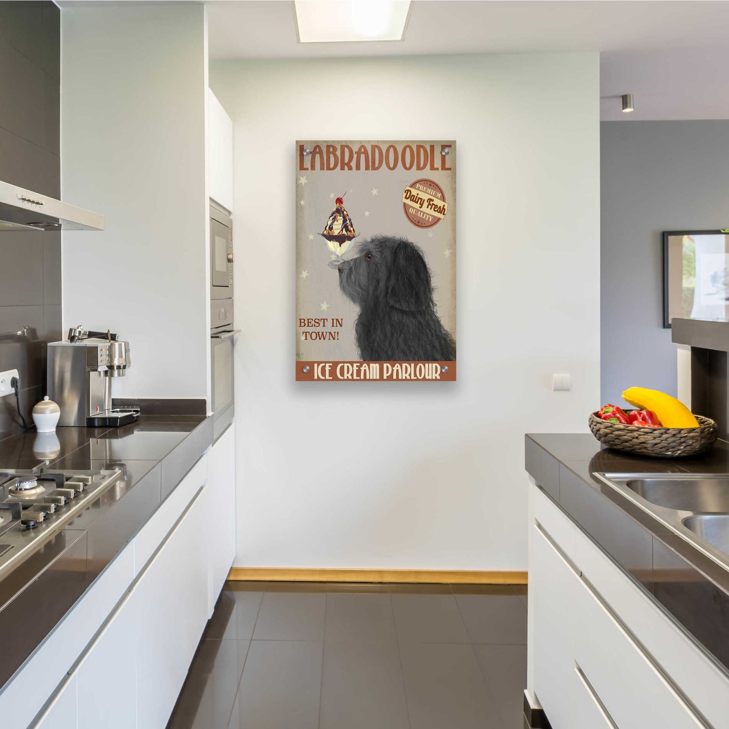 Epic Art 'Labradoodle, Black, Ice Cream' by Fab Funky, Acrylic Glass Wall Art,24x36