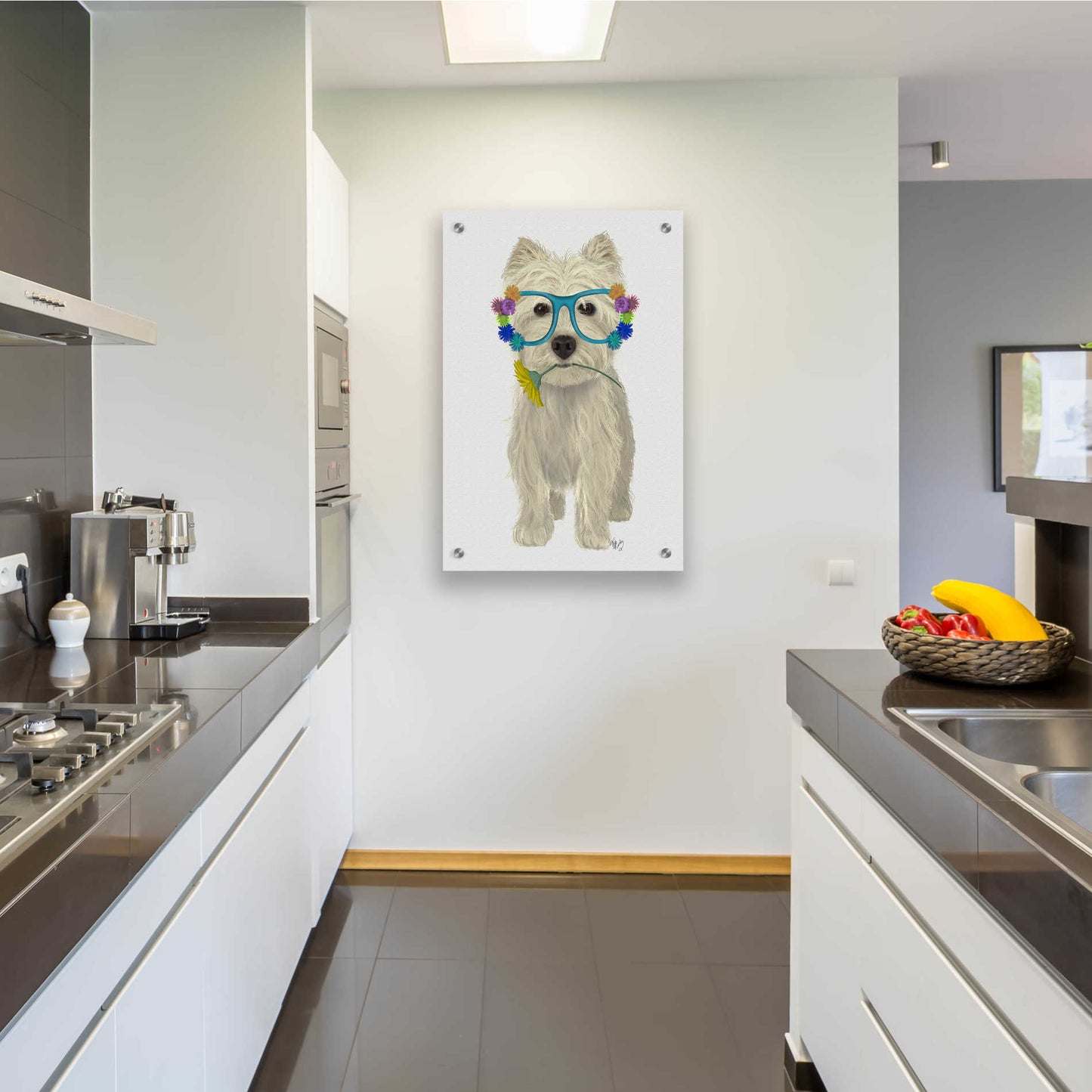 Epic Art 'West Highland Terrier Flower Glasses' by Fab Funky, Acrylic Glass Wall Art,24x36