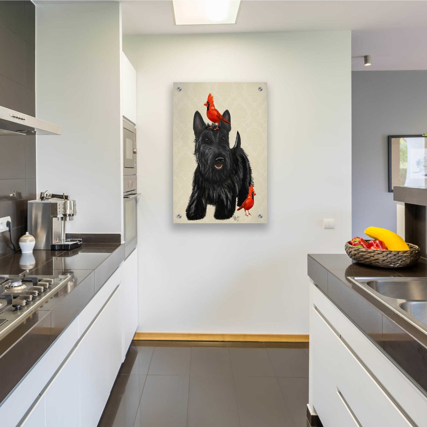 Epic Art 'Scottie Dog and Red Birds' by Fab Funky, Acrylic Glass Wall Art,24x36