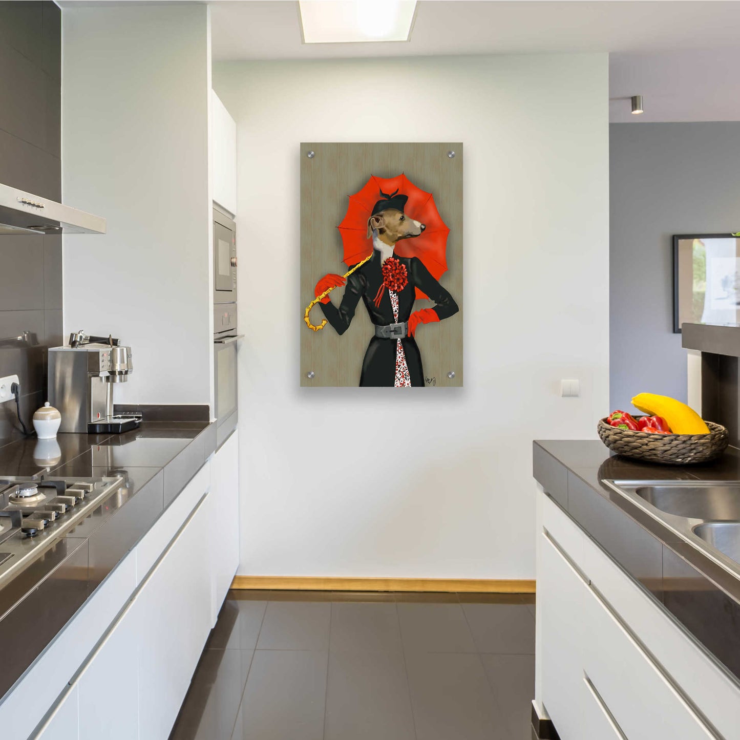Epic Art 'Elegant Greyhound and Red Umbrella' by Fab Funky, Acrylic Glass Wall Art,24x36
