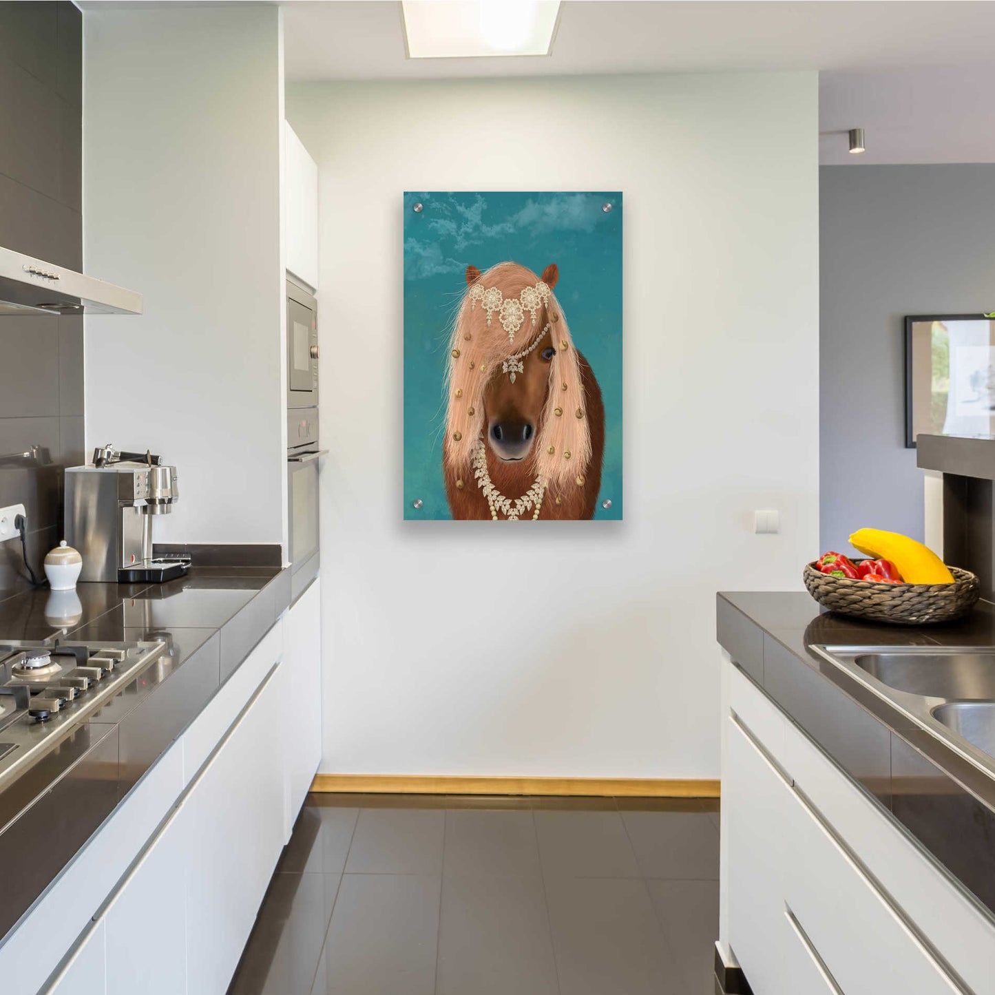 Epic Art 'Horse Brown Pony with Bells, Portrait' by Fab Funky, Acrylic Glass Wall Art,24x36