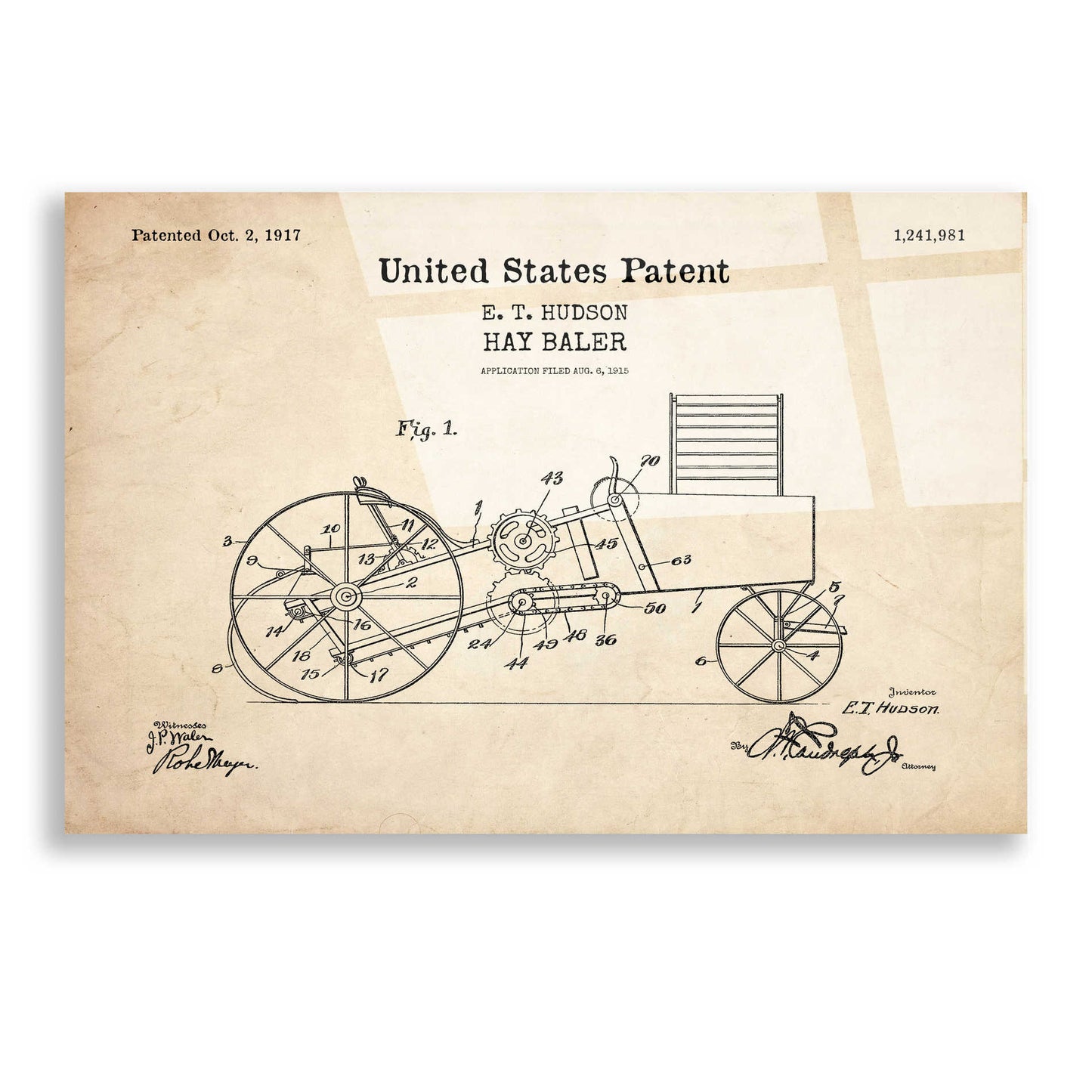Epic Art 'HayBaler Blueprint Patent Parchment,' Acrylic Glass Wall Art,36x24