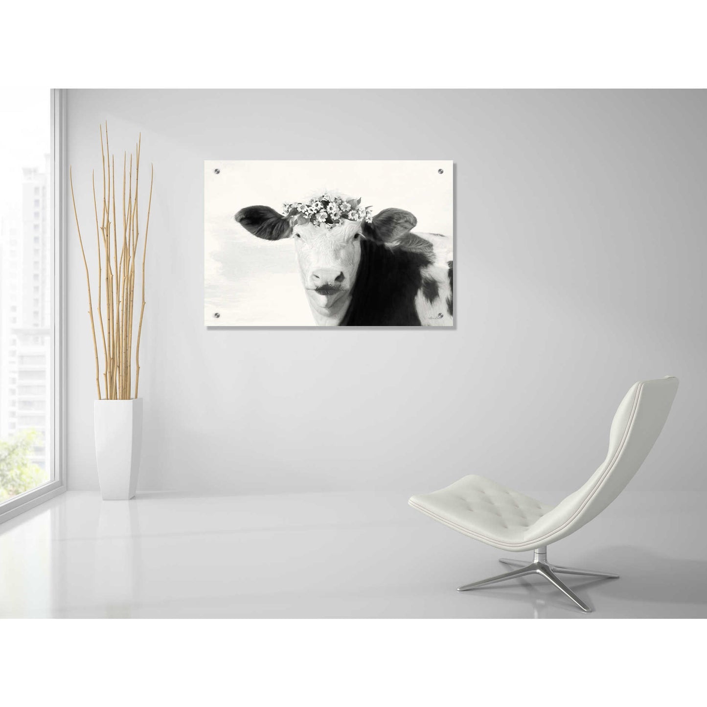 Epic Art 'Spotted Cow with Flowers' by Lori Deiter, Acrylic Glass Wall Art,36x24