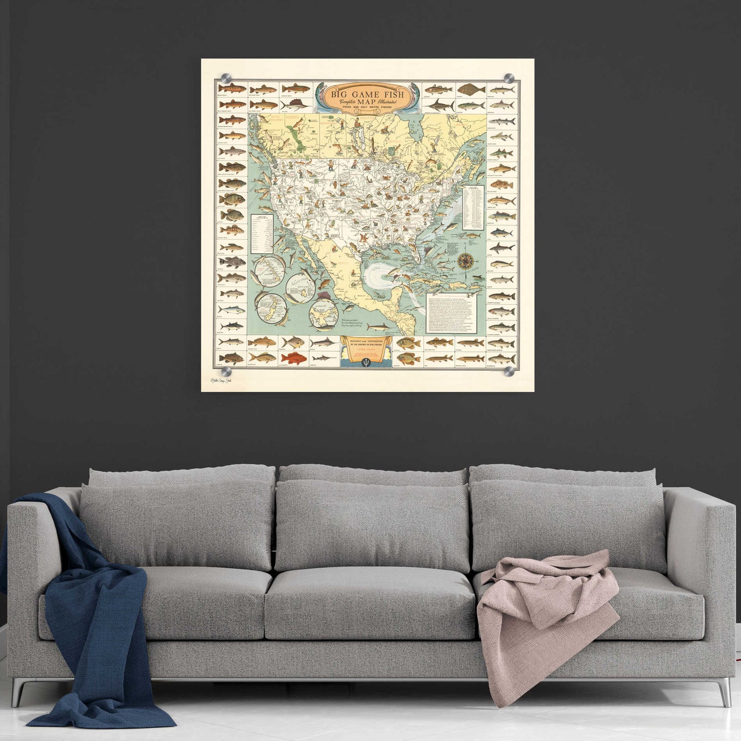 Epic Art 'Big Game Fish Map' by Stellar Design Studio, Acrylic Glass Wall Art,36x36