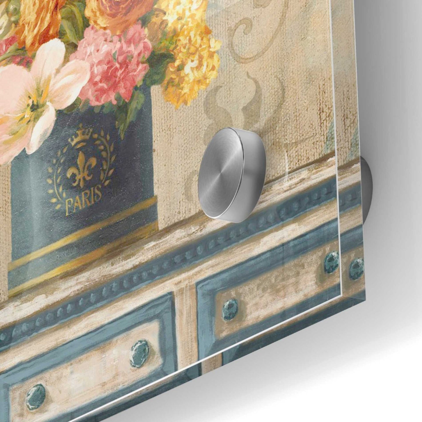 Epic Art 'Tulips in Teal and Gold Hatbox' by Danhui Nai, Acrylic Glass Wall Art,36x36