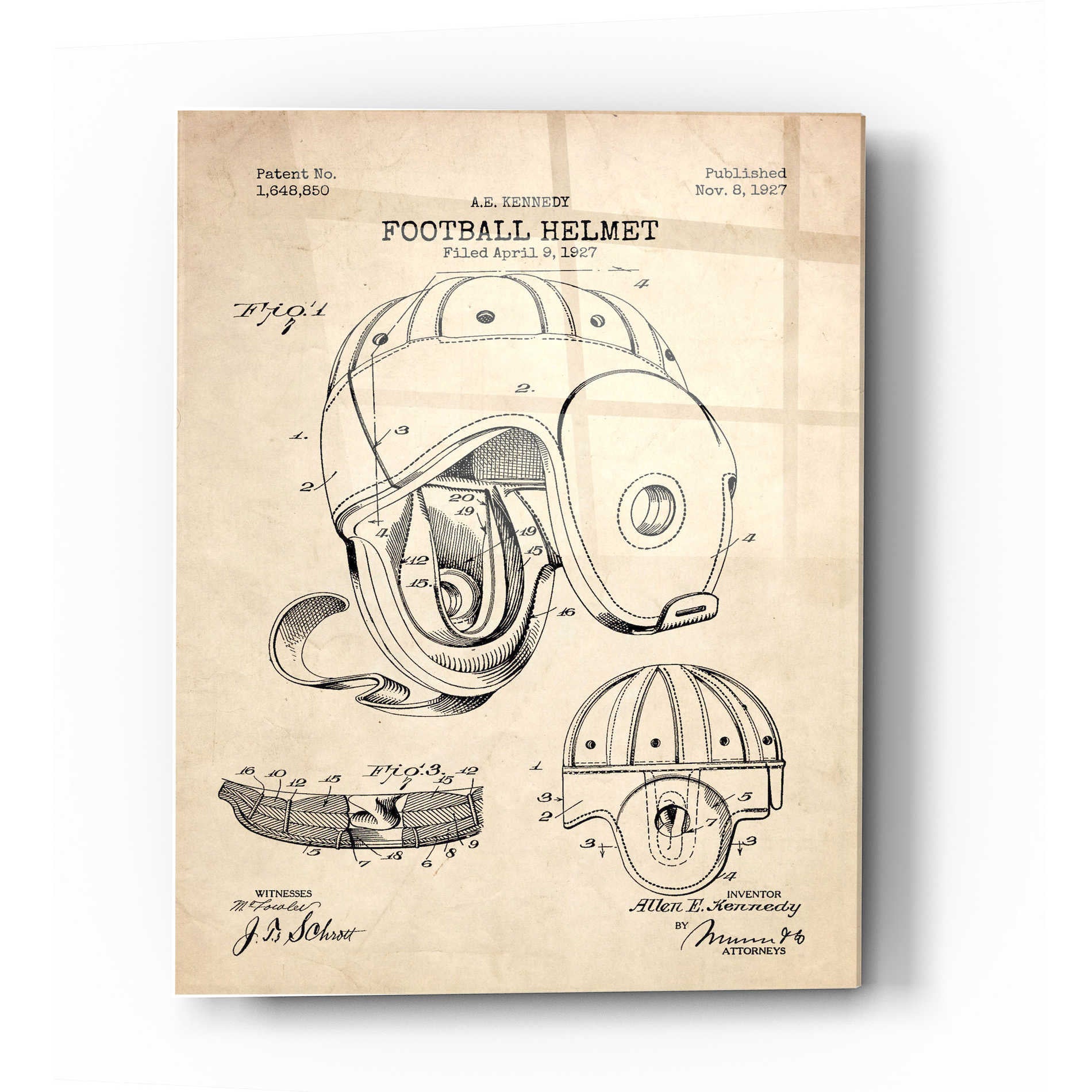 Epic Art 'Football Helmet Blueprint Patent Parchment' Acrylic Glass Wall Art –