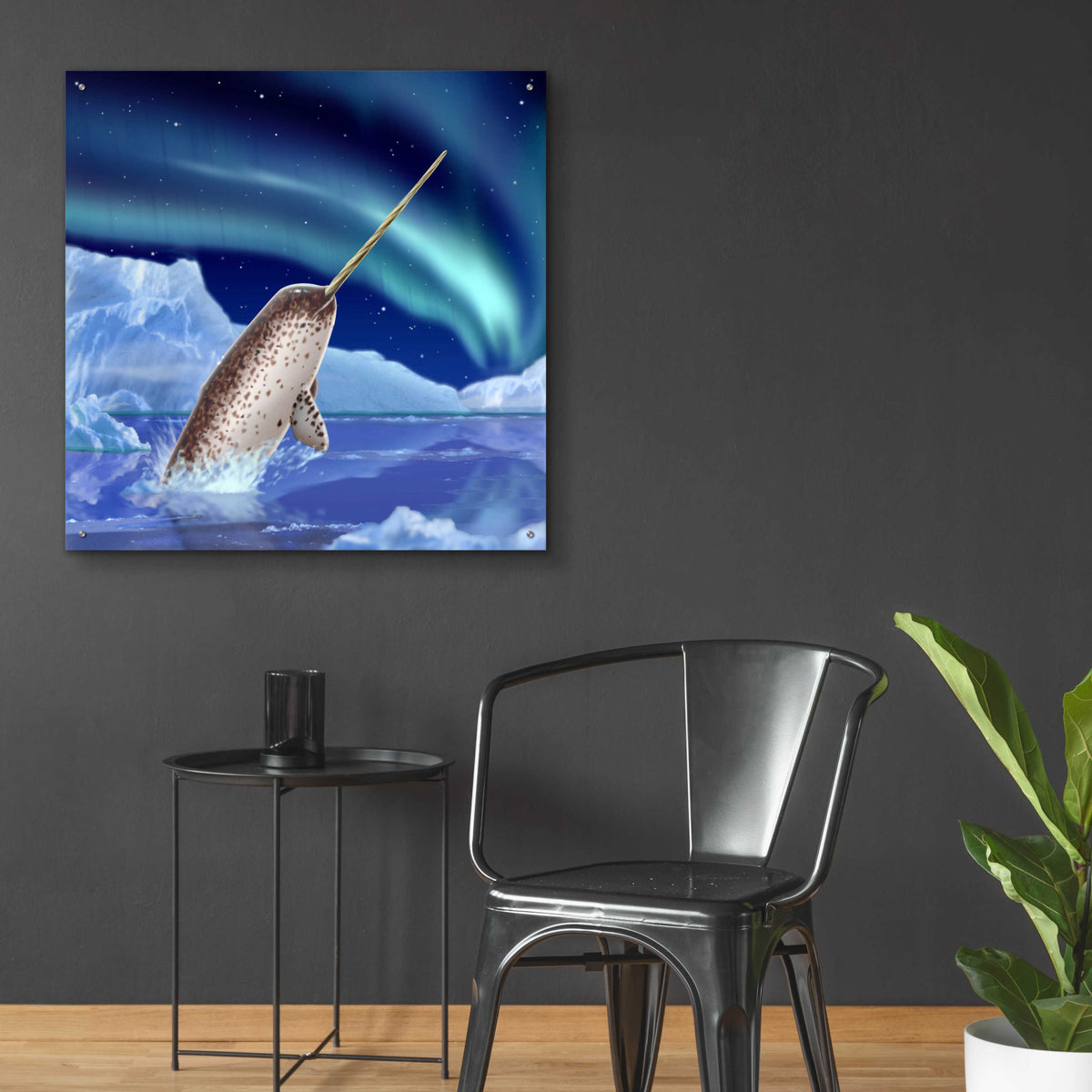 'Narwhal and Northern Lights' acrylic glass wall art in a room – Northern Lights collection