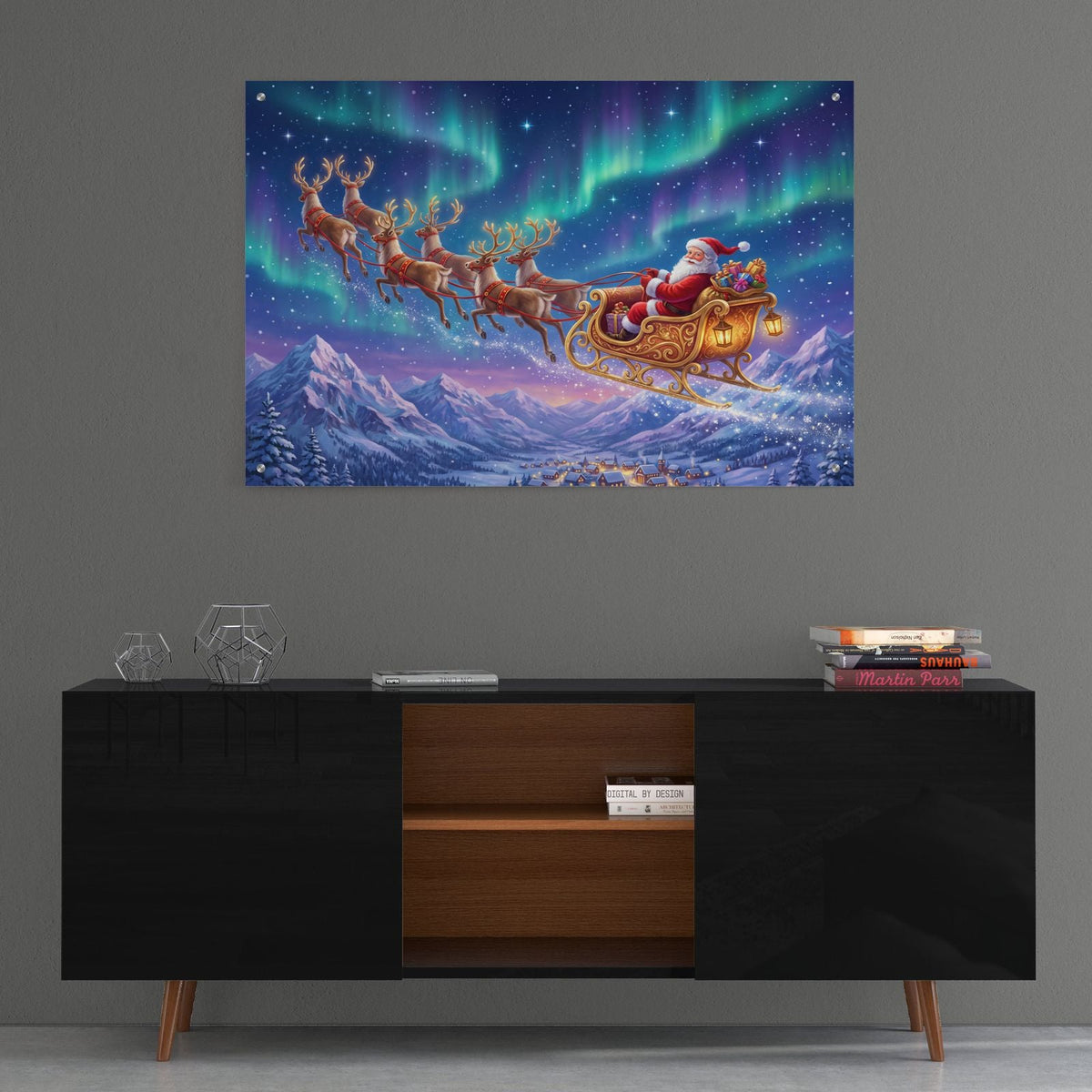 Christmas acrylic glass wall art: Santa sleigh under the northern lights, hung above a sideboard
