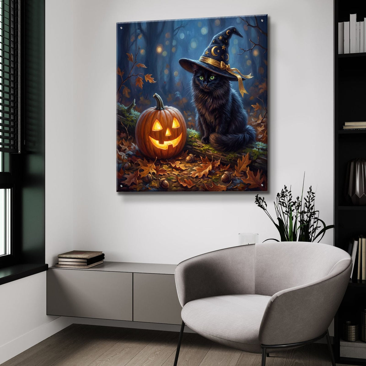Halloween acrylic glass wall art: black cat in a witch hat with a jack-o-lantern, hung above a chair