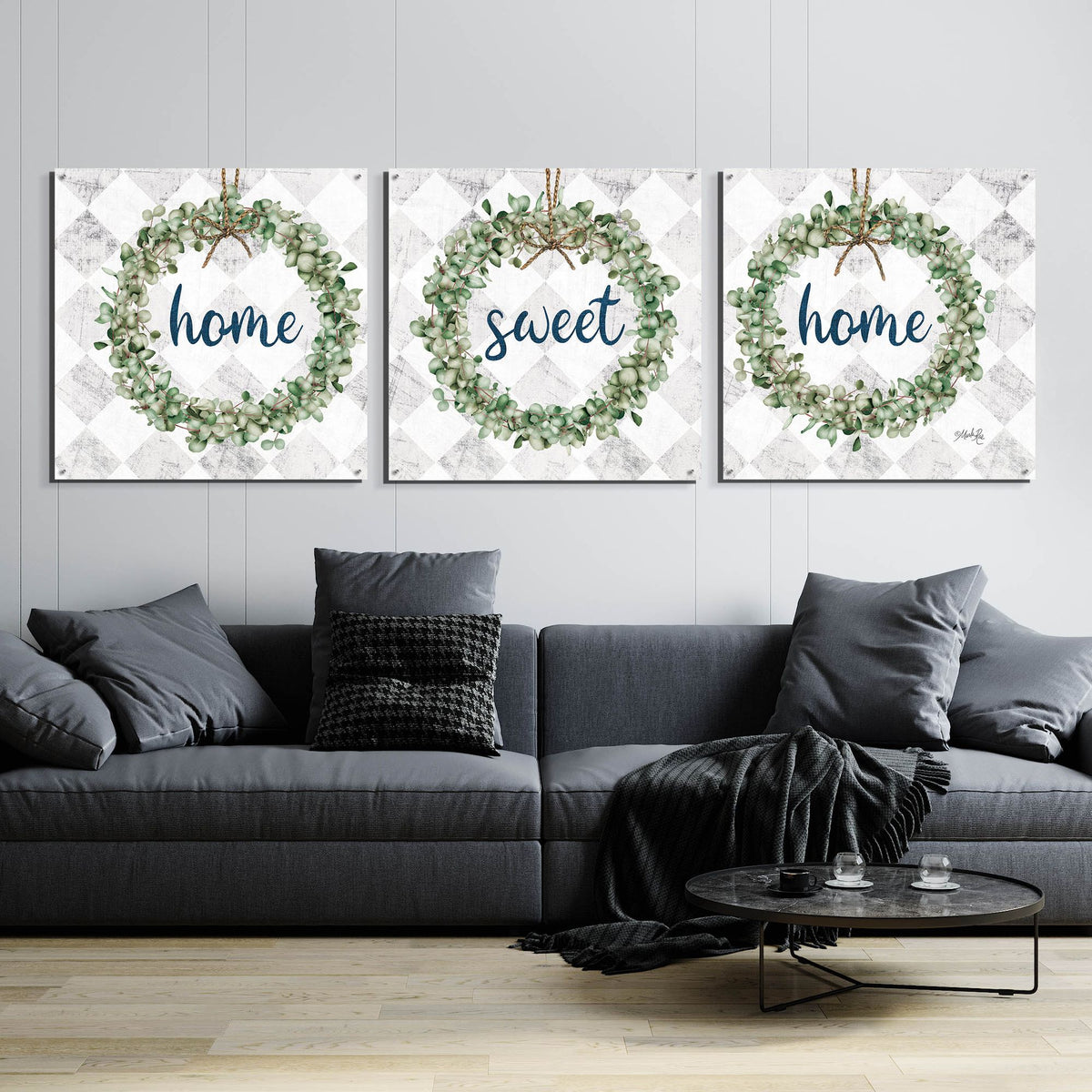 Epic Art 'Home Sweet Home Eucalyptus Wreaths' by Marla Rae, Acrylic Glass Wall Art, 3 Piece Set,108x36