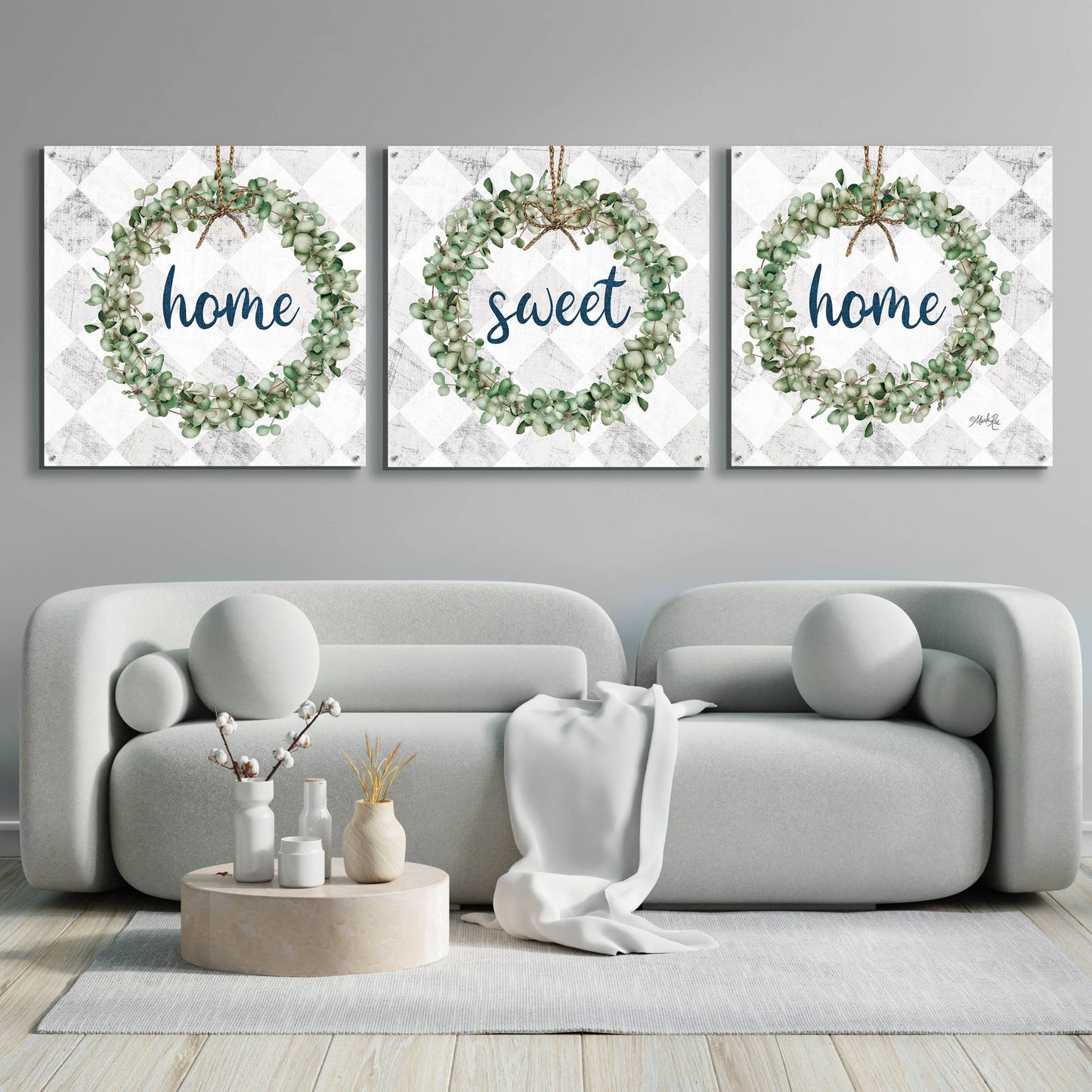 Epic Art 'Home Sweet Home Eucalyptus Wreaths' by Marla Rae, Acrylic Glass Wall Art, 3 Piece Set,108x36