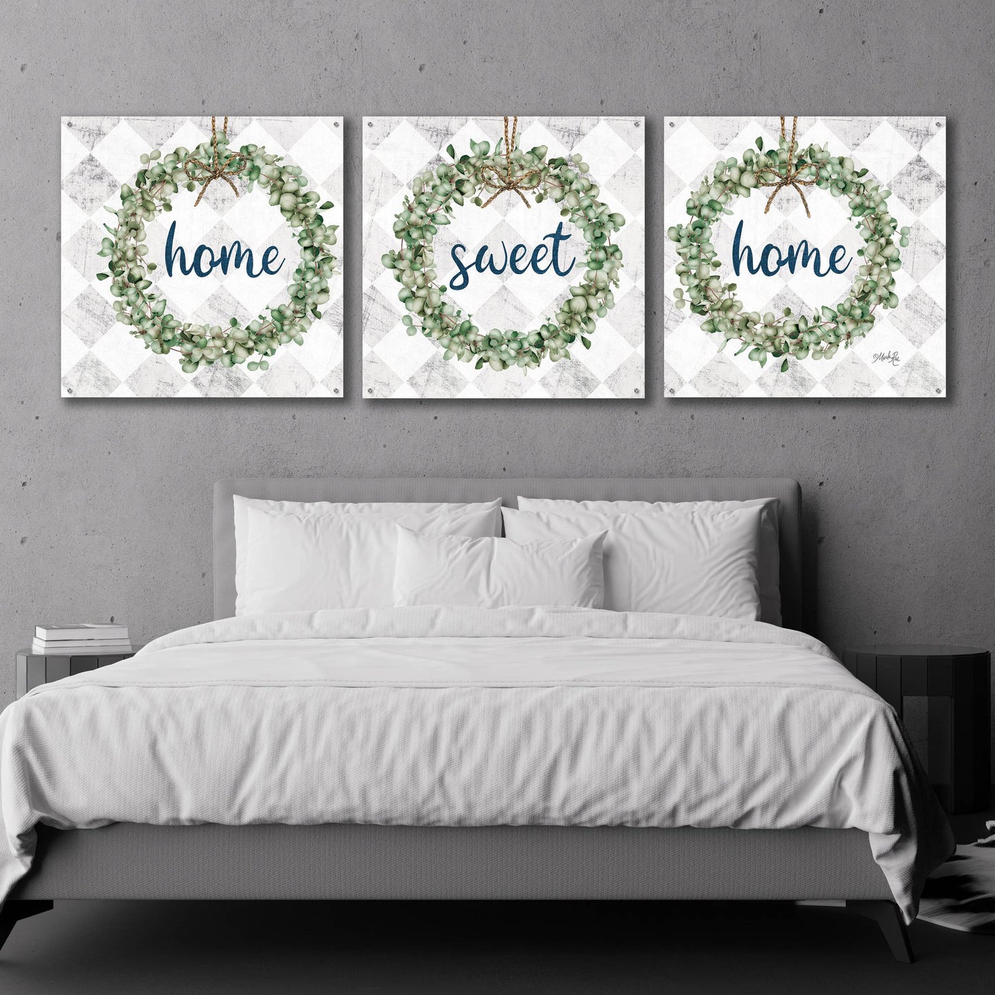 Epic Art 'Home Sweet Home Eucalyptus Wreaths' by Marla Rae, Acrylic Glass Wall Art, 3 Piece Set,108x36