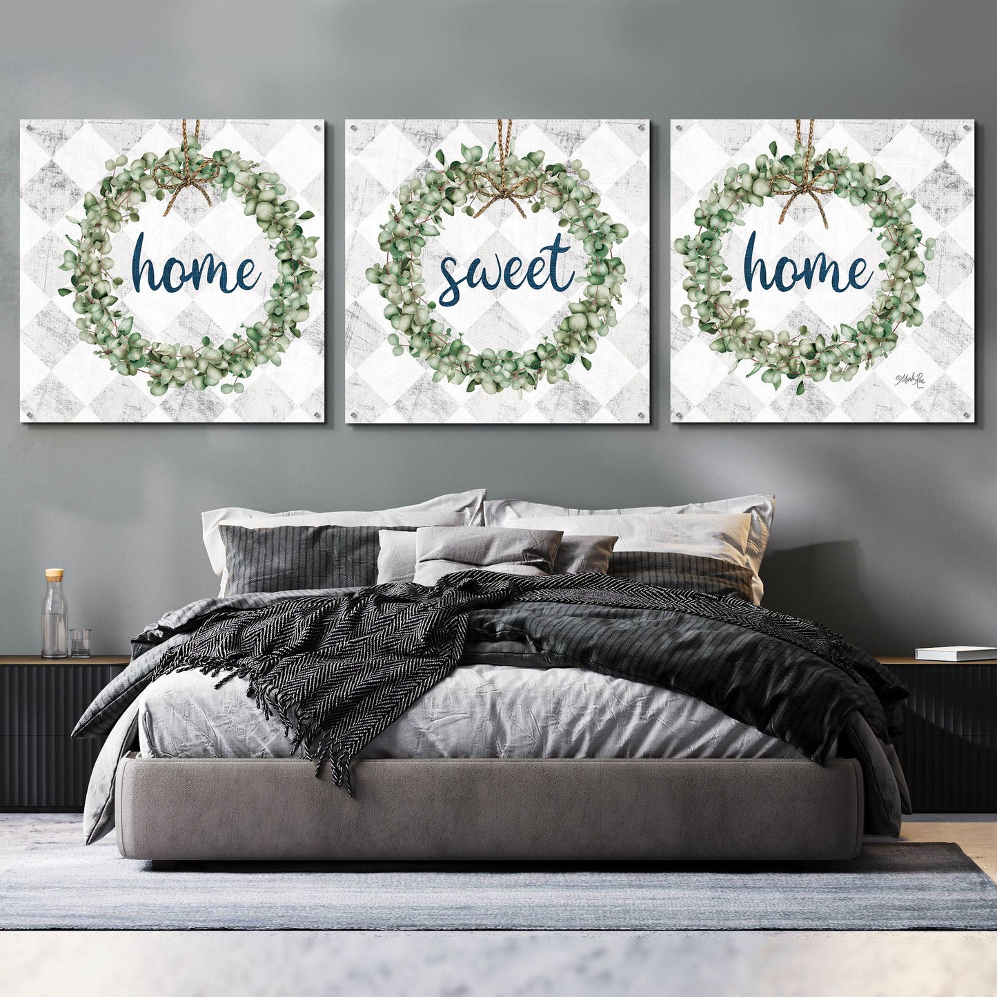 Epic Art 'Home Sweet Home Eucalyptus Wreaths' by Marla Rae, Acrylic Glass Wall Art, 3 Piece Set,108x36