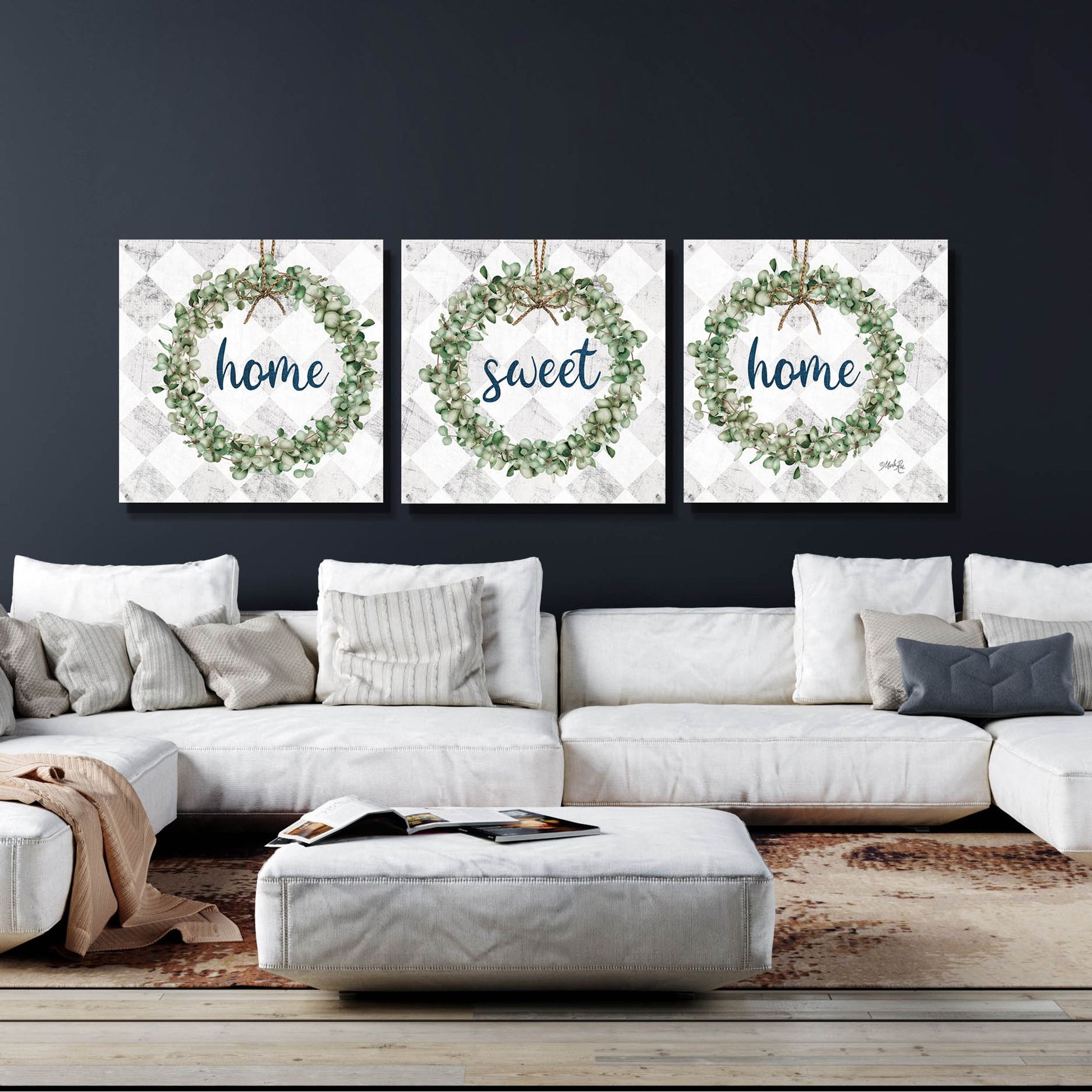 Epic Art 'Home Sweet Home Eucalyptus Wreaths' by Marla Rae, Acrylic Glass Wall Art, 3 Piece Set,108x36