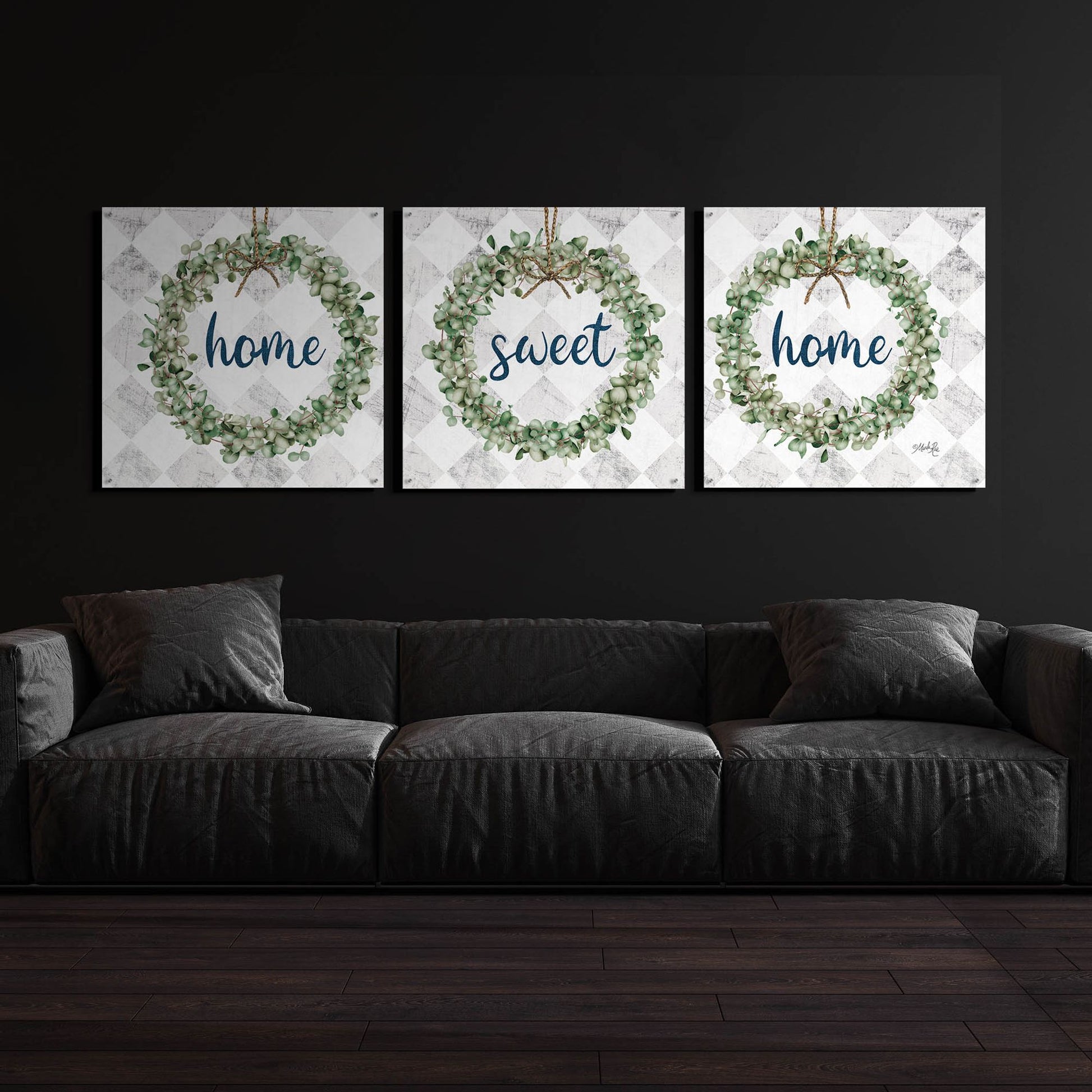 Epic Art 'Home Sweet Home Eucalyptus Wreaths' by Marla Rae, Acrylic Glass Wall Art, 3 Piece Set,108x36