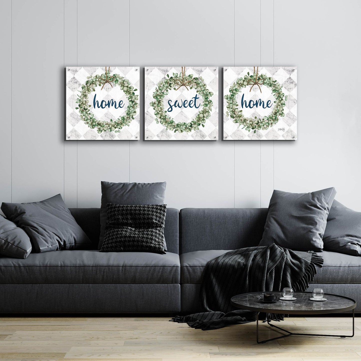 Epic Art 'Home Sweet Home Eucalyptus Wreaths' by Marla Rae, Acrylic Glass Wall Art, 3 Piece Set,72x24