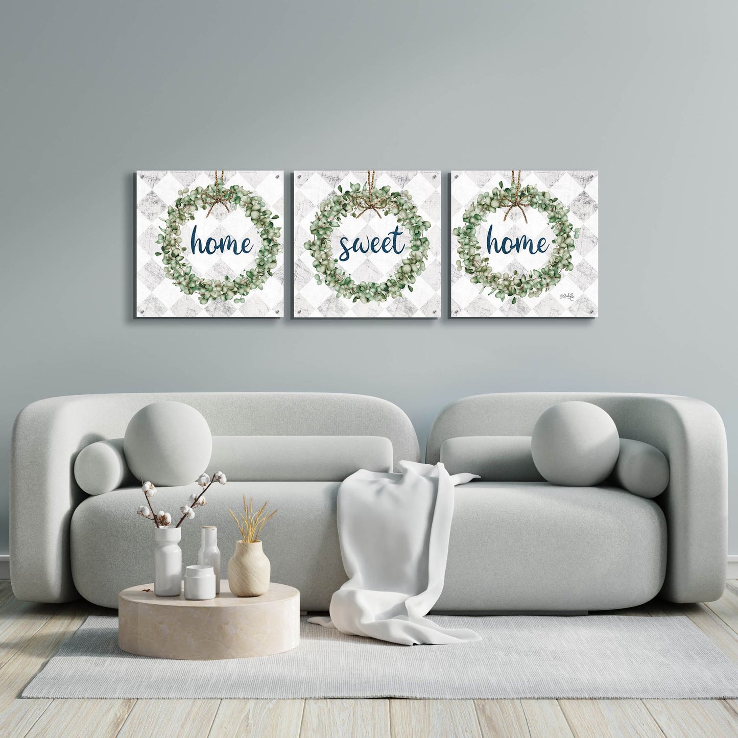 Epic Art 'Home Sweet Home Eucalyptus Wreaths' by Marla Rae, Acrylic Glass Wall Art, 3 Piece Set,72x24