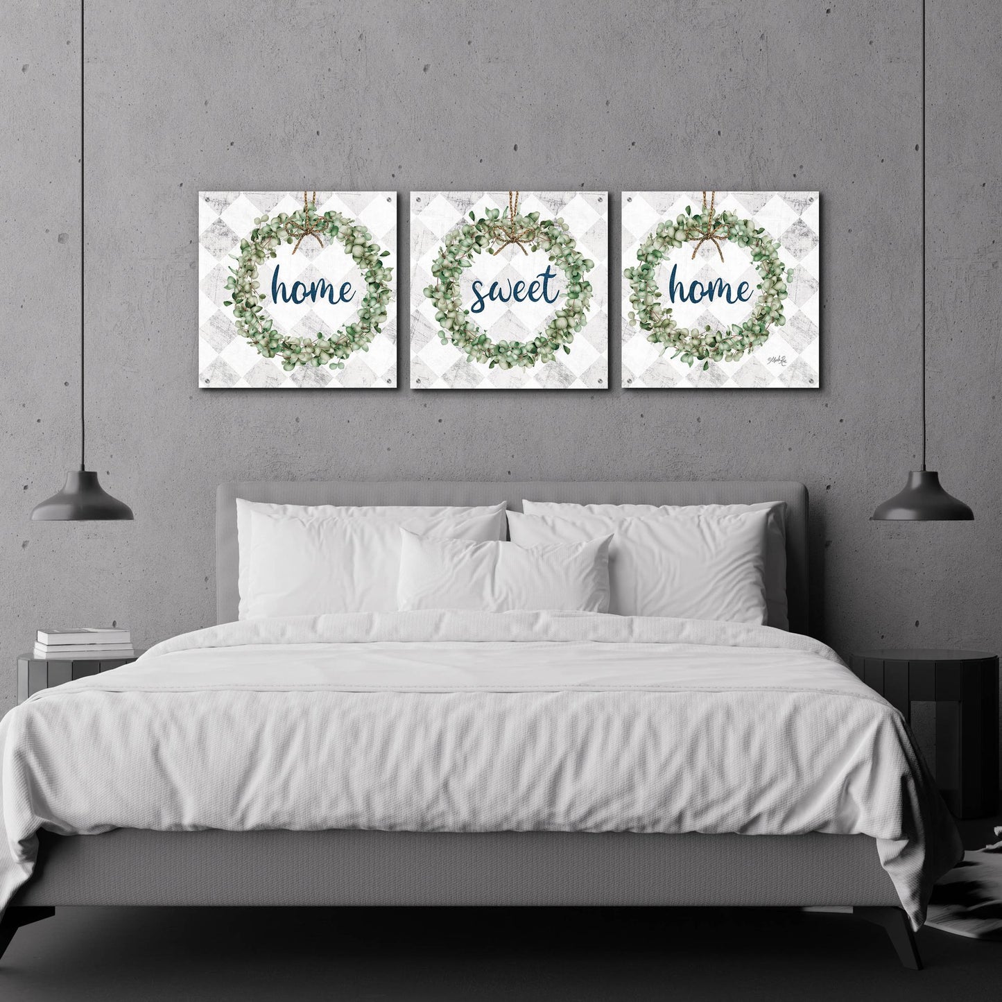 Epic Art 'Home Sweet Home Eucalyptus Wreaths' by Marla Rae, Acrylic Glass Wall Art, 3 Piece Set,72x24