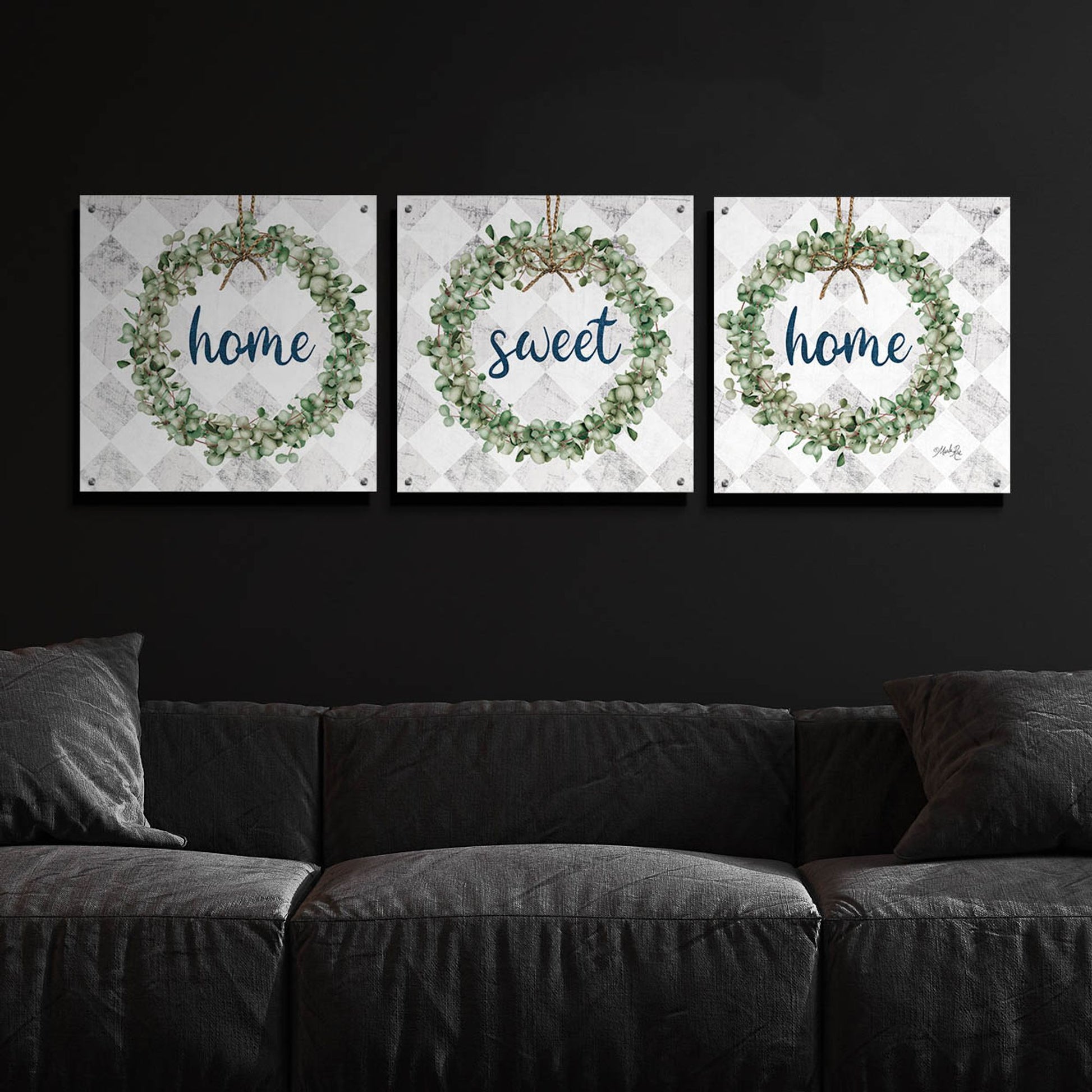 Epic Art 'Home Sweet Home Eucalyptus Wreaths' by Marla Rae, Acrylic Glass Wall Art, 3 Piece Set,72x24