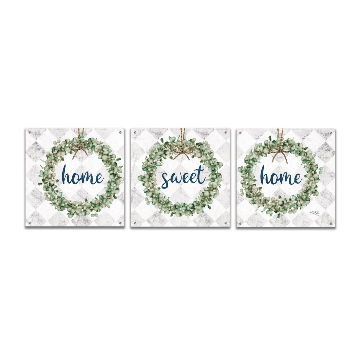 Epic Art 'Home Sweet Home Eucalyptus Wreaths' by Marla Rae, Acrylic Glass Wall Art, 3 Piece Set