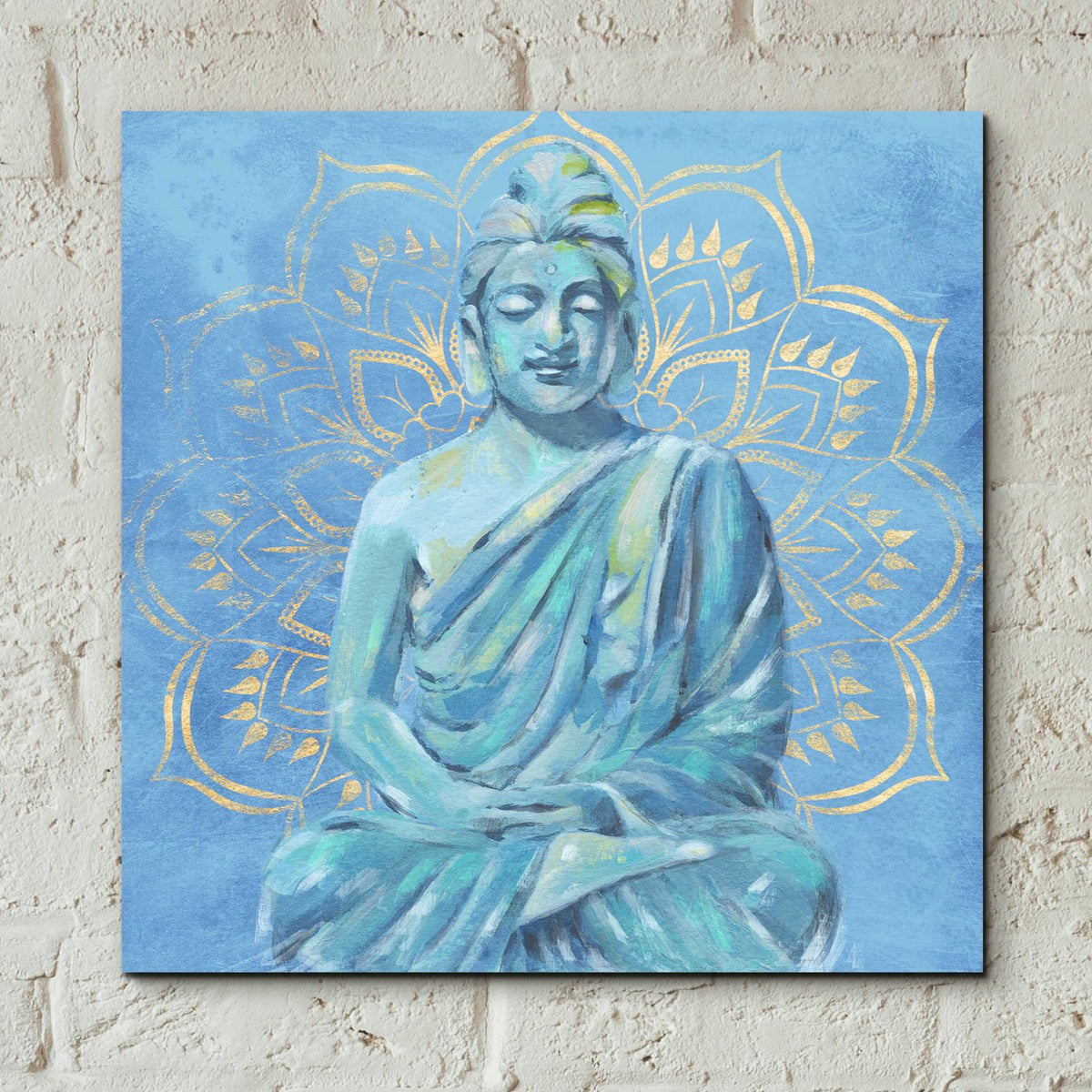Buddha on Blue II by Annie Warren - 12x12 acrylic wall art in a room
