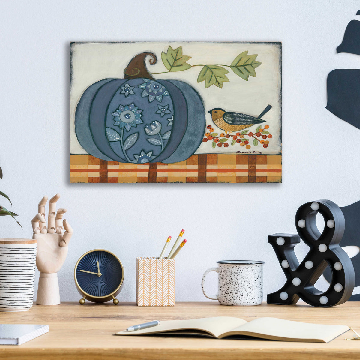 Blue Patterned Pumpkin by Bernadette Deming - 16x12 acrylic wall art in a room