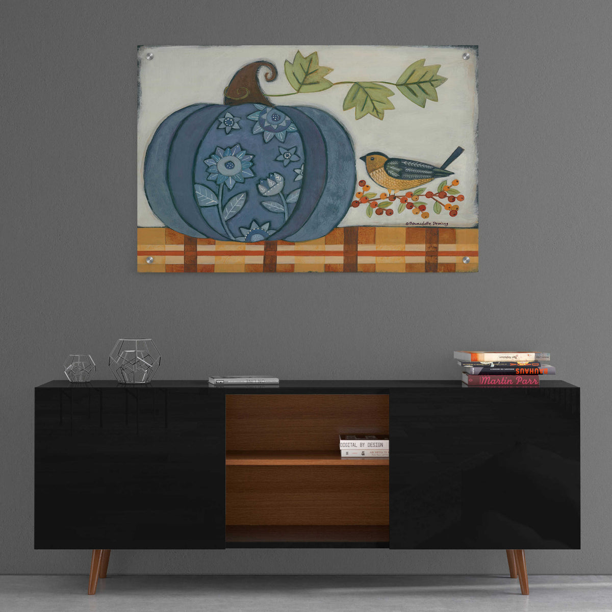 Blue Patterned Pumpkin by Bernadette Deming - 36x24 acrylic wall art in a room