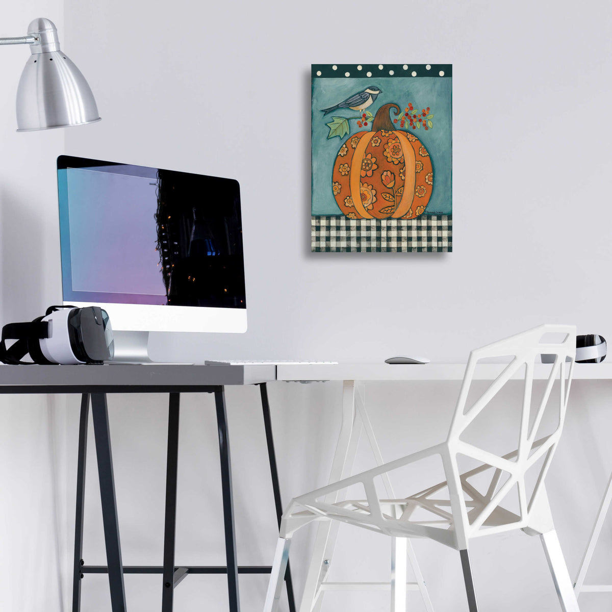 Patterned Pumpkin and Bird by Bernadette Deming - 12x16 acrylic wall art in a room