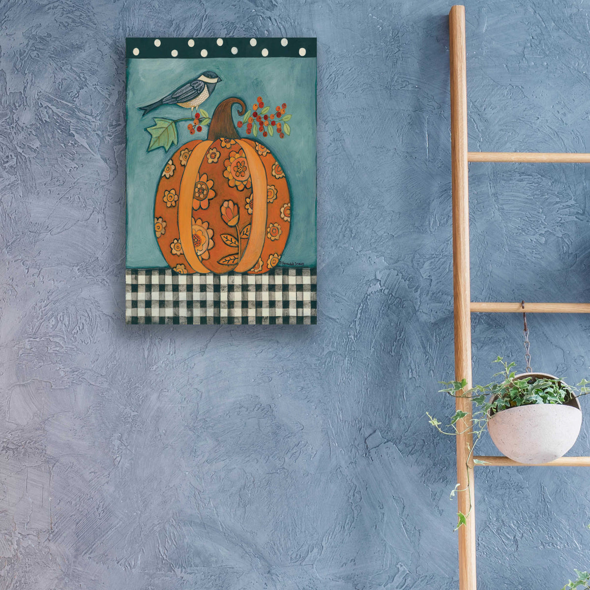 Patterned Pumpkin and Bird by Bernadette Deming - 16x24 acrylic wall art in a room