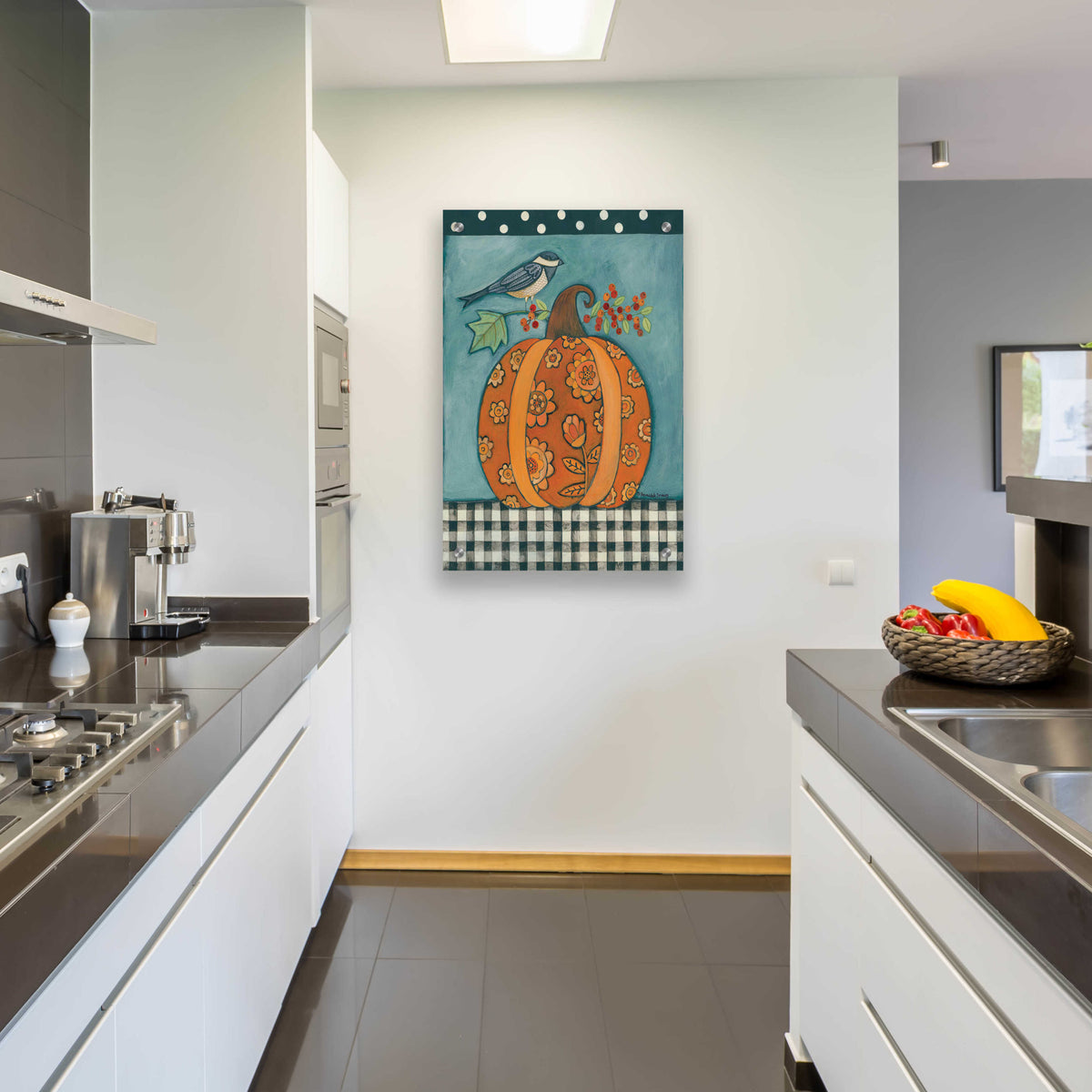 Patterned Pumpkin and Bird by Bernadette Deming - 24x36 acrylic wall art in a room