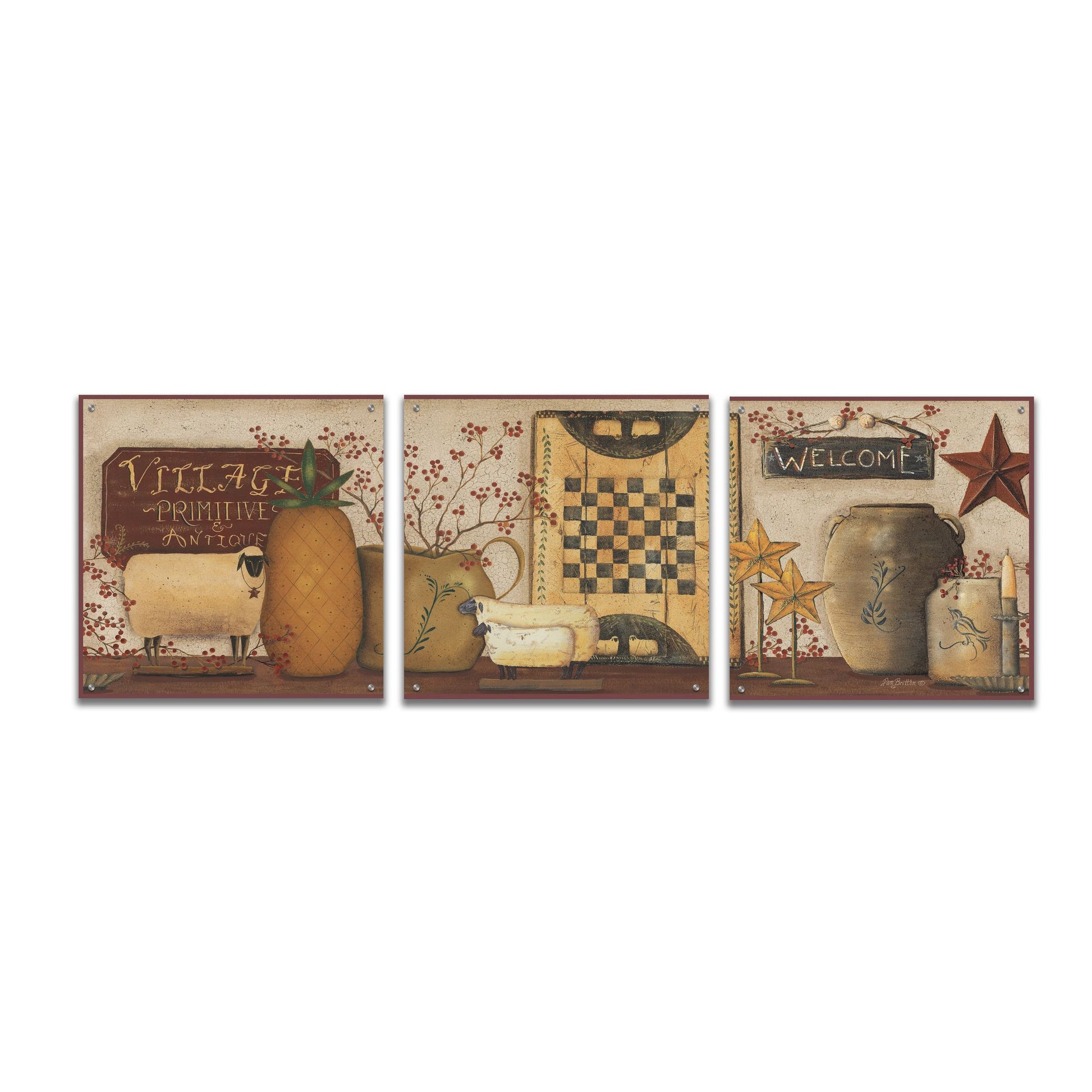 Epic Art 'Village Welcome' by Pam Britton, Acrylic Glass Wall Art, 3 Piece Set