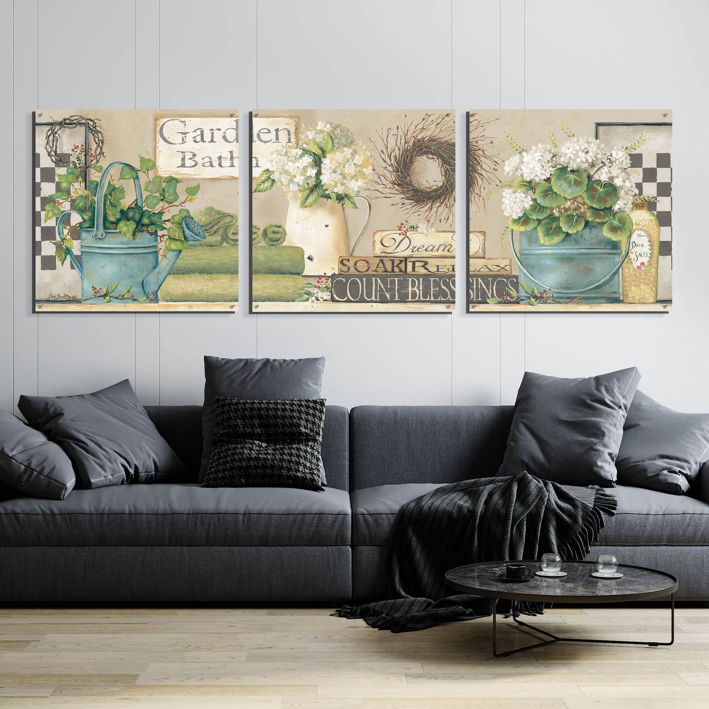 Epic Art 'Garden Bath, Dream-Soak-Relax' by Pam Britton, Acrylic Glass Wall Art, 3 Piece Set,108x36