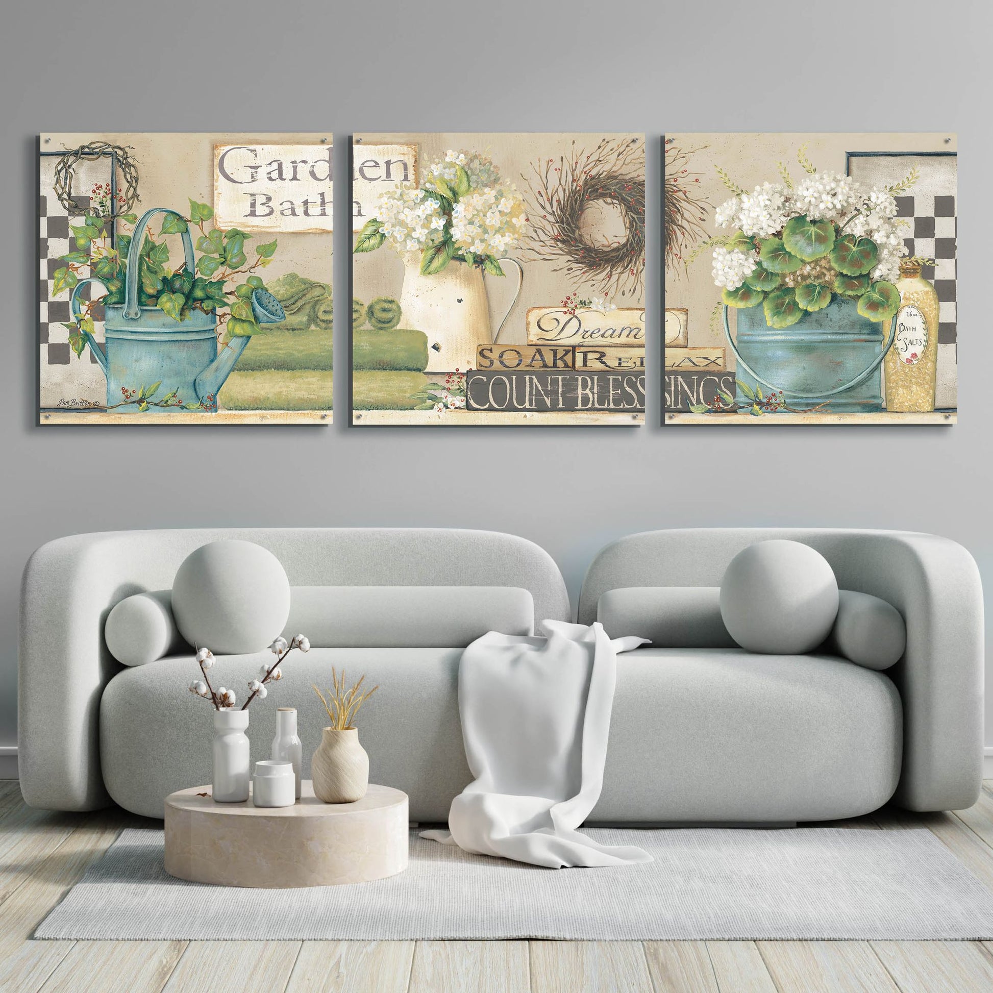 Epic Art 'Garden Bath, Dream-Soak-Relax' by Pam Britton, Acrylic Glass Wall Art, 3 Piece Set,108x36