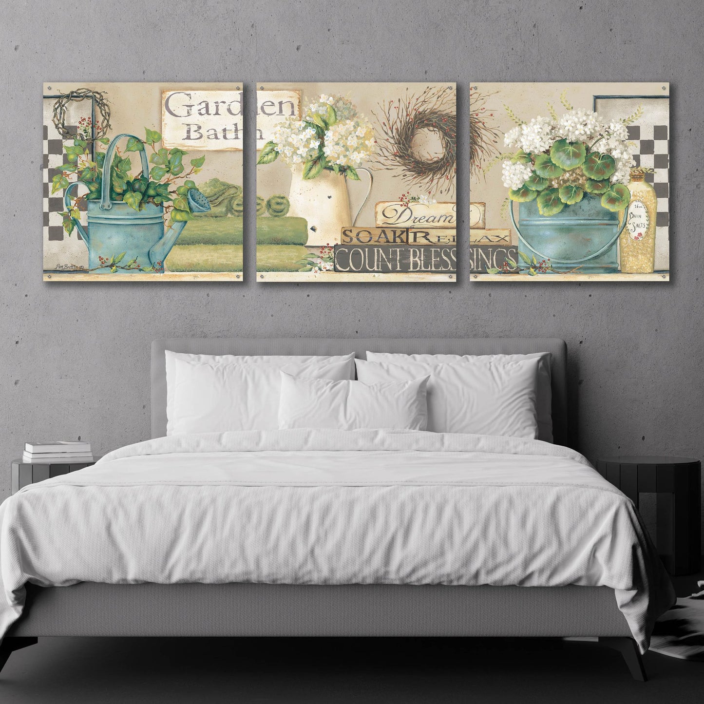 Epic Art 'Garden Bath, Dream-Soak-Relax' by Pam Britton, Acrylic Glass Wall Art, 3 Piece Set,108x36