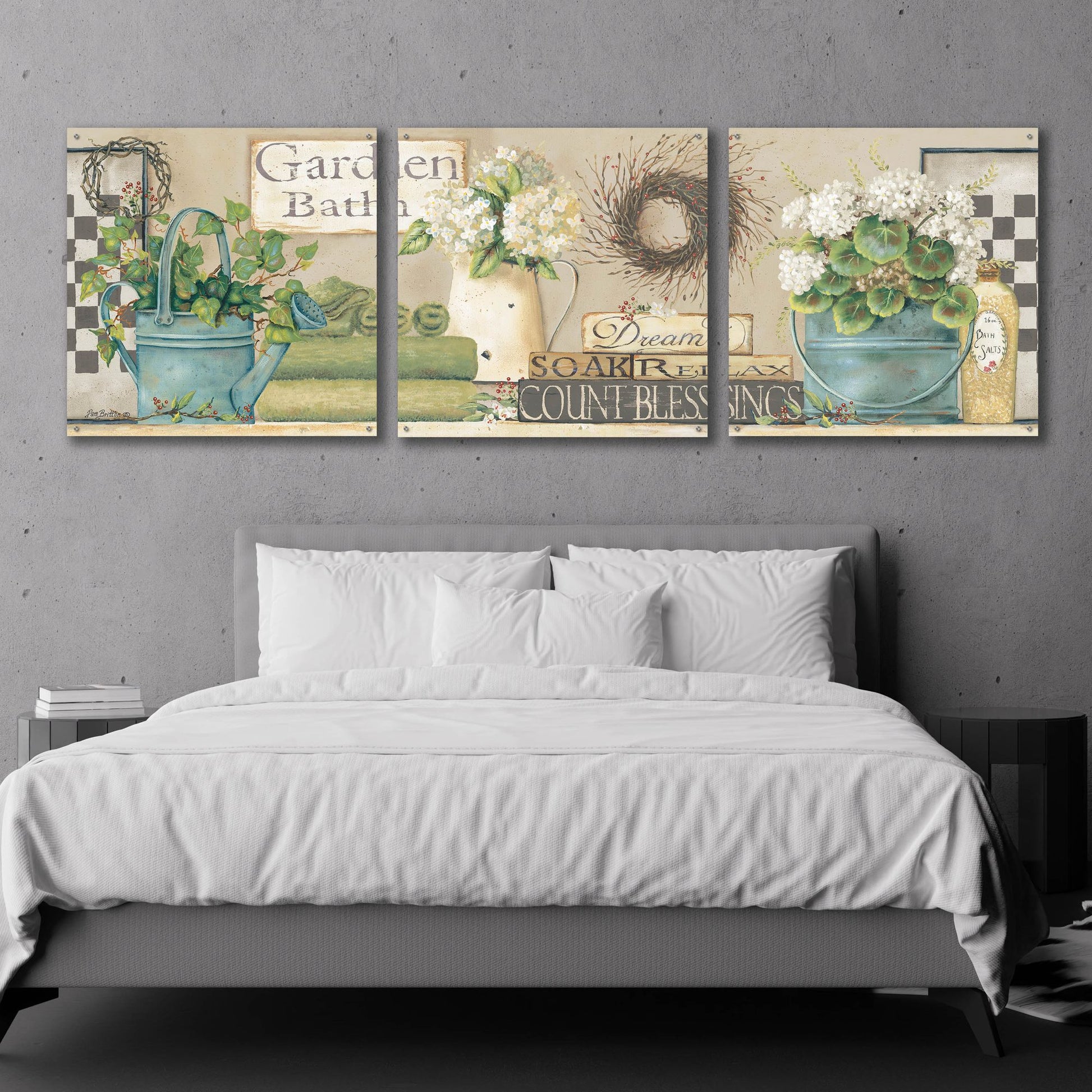 Epic Art 'Garden Bath, Dream-Soak-Relax' by Pam Britton, Acrylic Glass Wall Art, 3 Piece Set,108x36