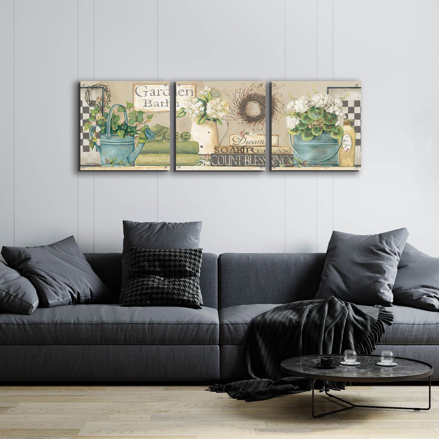 Epic Art 'Garden Bath, Dream-Soak-Relax' by Pam Britton, Acrylic Glass Wall Art, 3 Piece Set,72x24