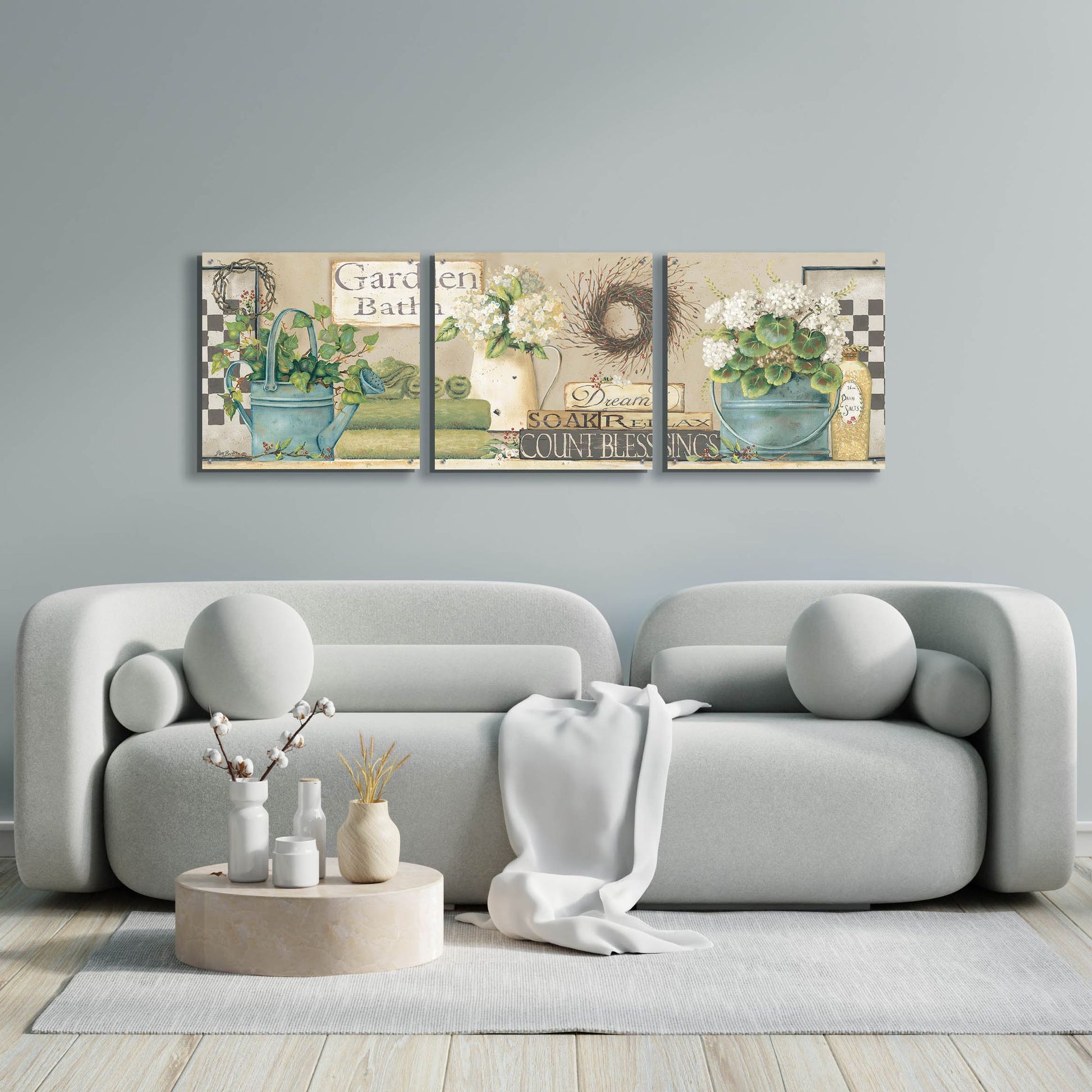 Epic Art 'Garden Bath, Dream-Soak-Relax' by Pam Britton, Acrylic Glass Wall Art, 3 Piece Set,72x24