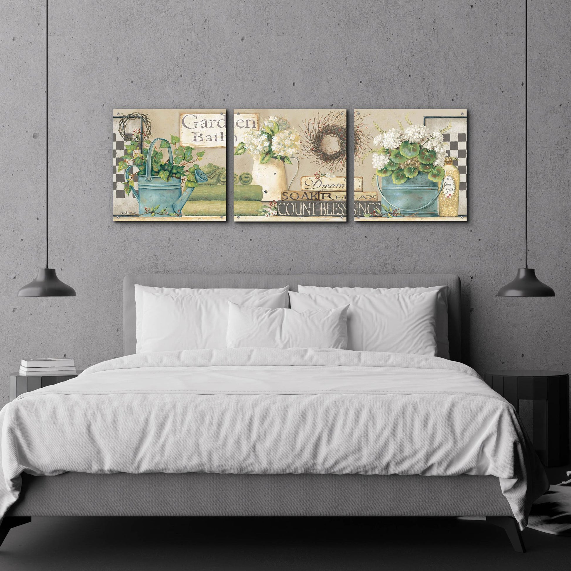 Epic Art 'Garden Bath, Dream-Soak-Relax' by Pam Britton, Acrylic Glass Wall Art, 3 Piece Set,72x24