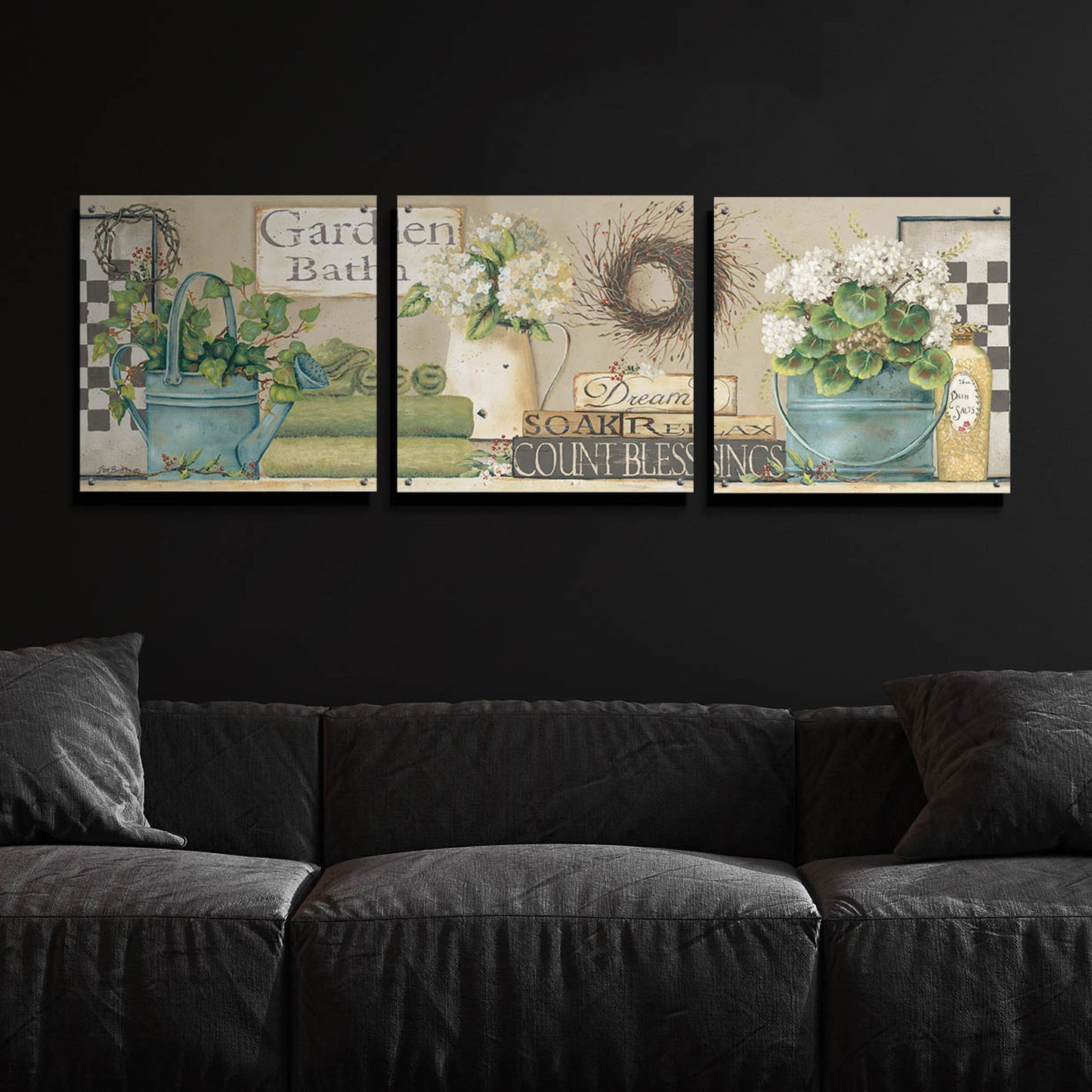 Epic Art 'Garden Bath, Dream-Soak-Relax' by Pam Britton, Acrylic Glass Wall Art, 3 Piece Set,72x24