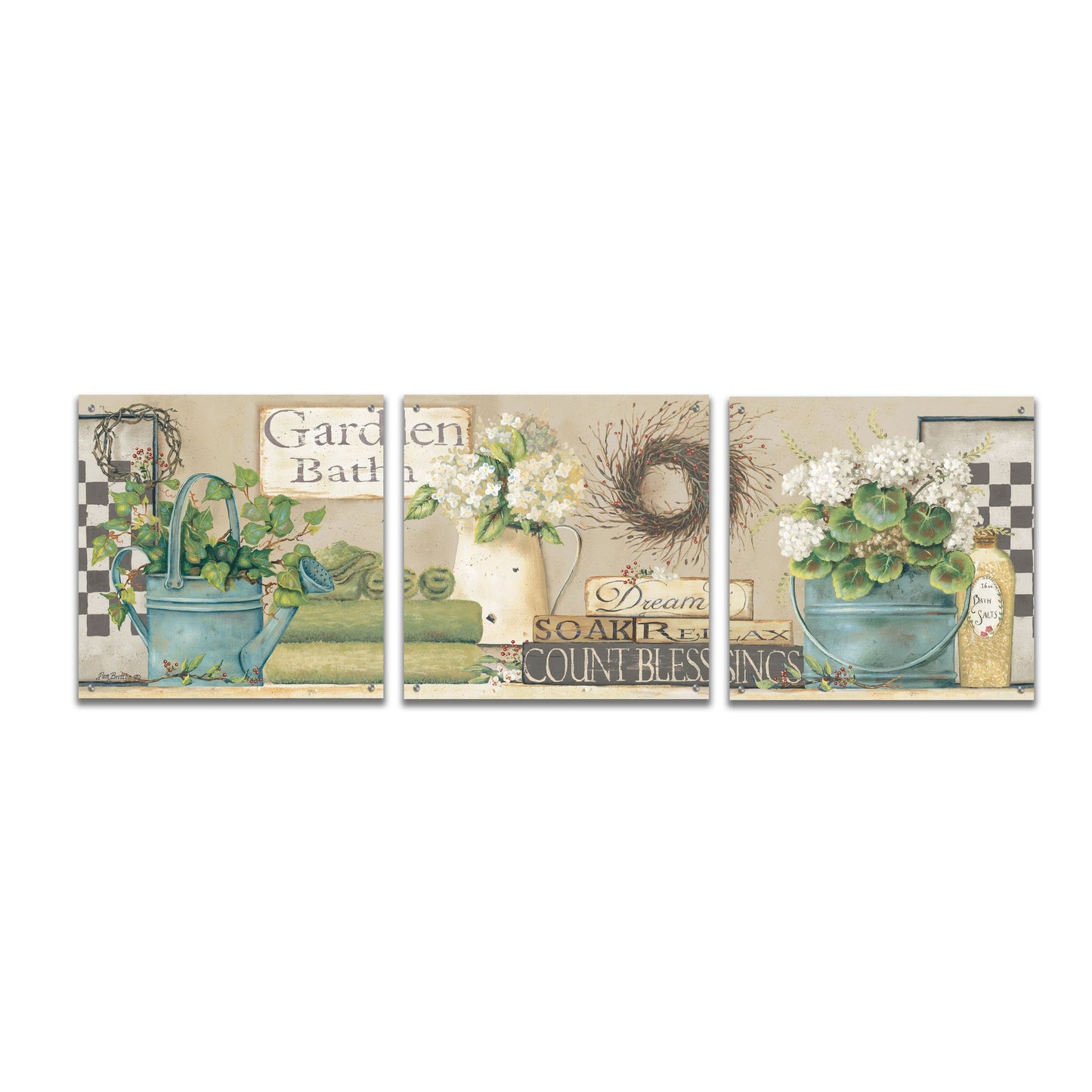 Epic Art 'Garden Bath, Dream-Soak-Relax' by Pam Britton, Acrylic Glass Wall Art, 3 Piece Set