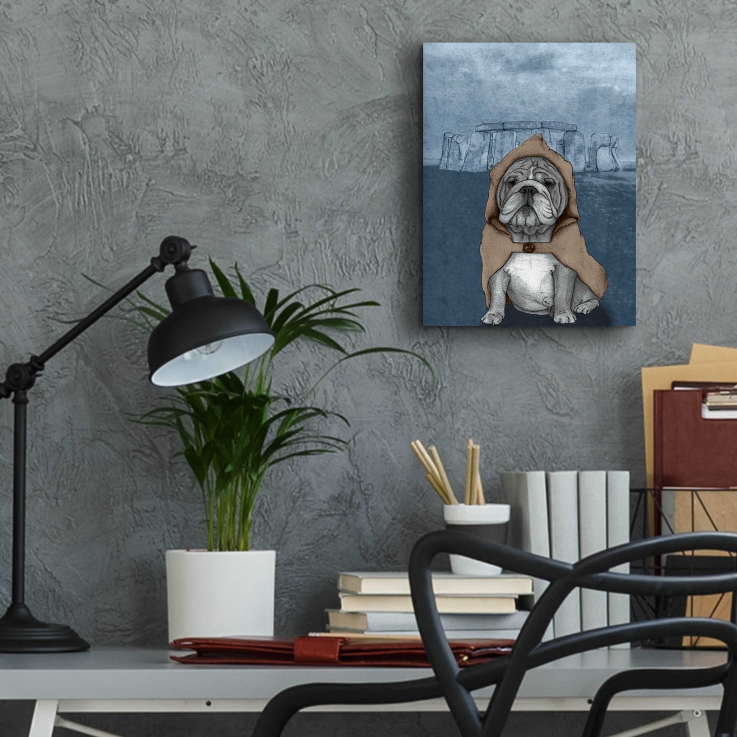 Epic Art 'English Bulldog with Stonehenge' by Barruf Acrylic Glass Wall Art,12x16