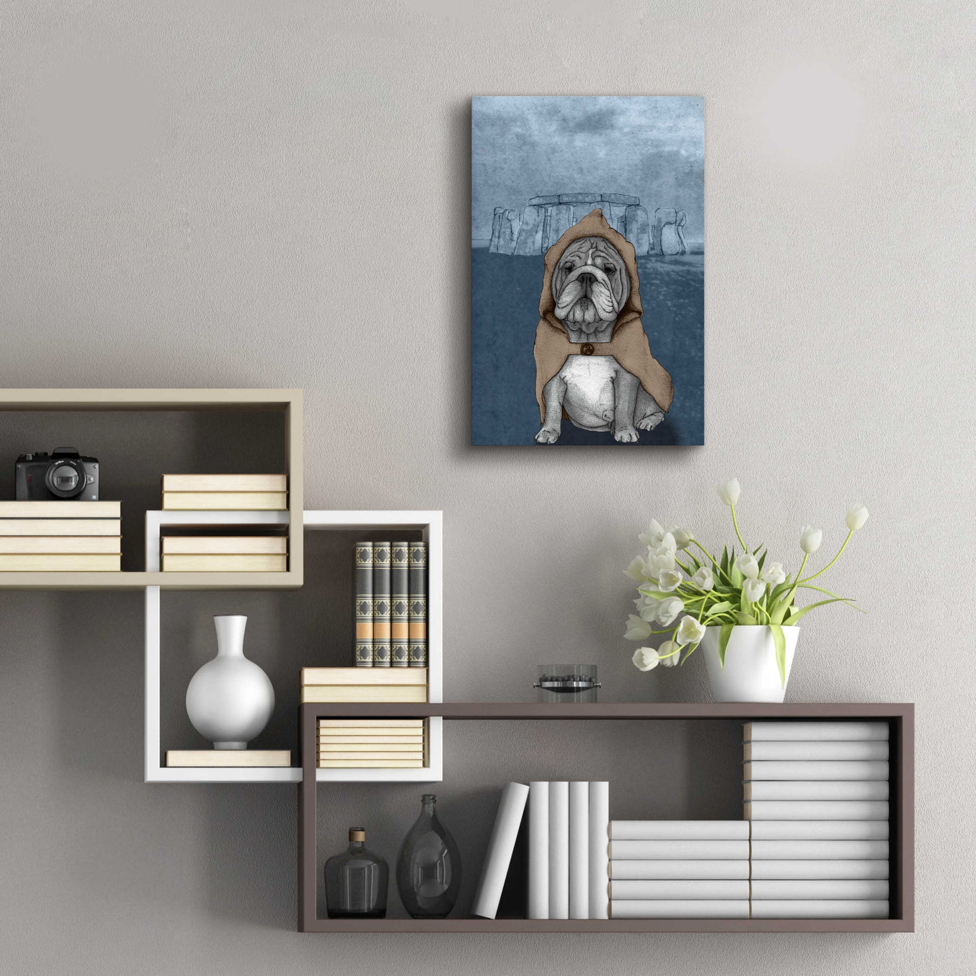 Epic Art 'English Bulldog with Stonehenge' by Barruf Acrylic Glass Wall Art,16x24