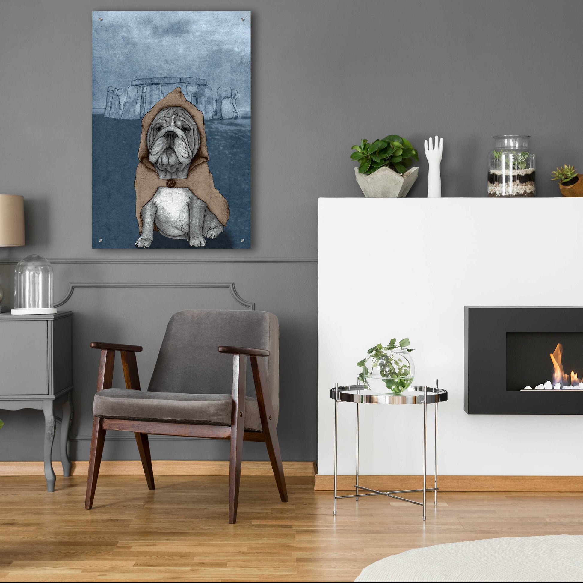 Epic Art 'English Bulldog with Stonehenge' by Barruf Acrylic Glass Wall Art,24x36