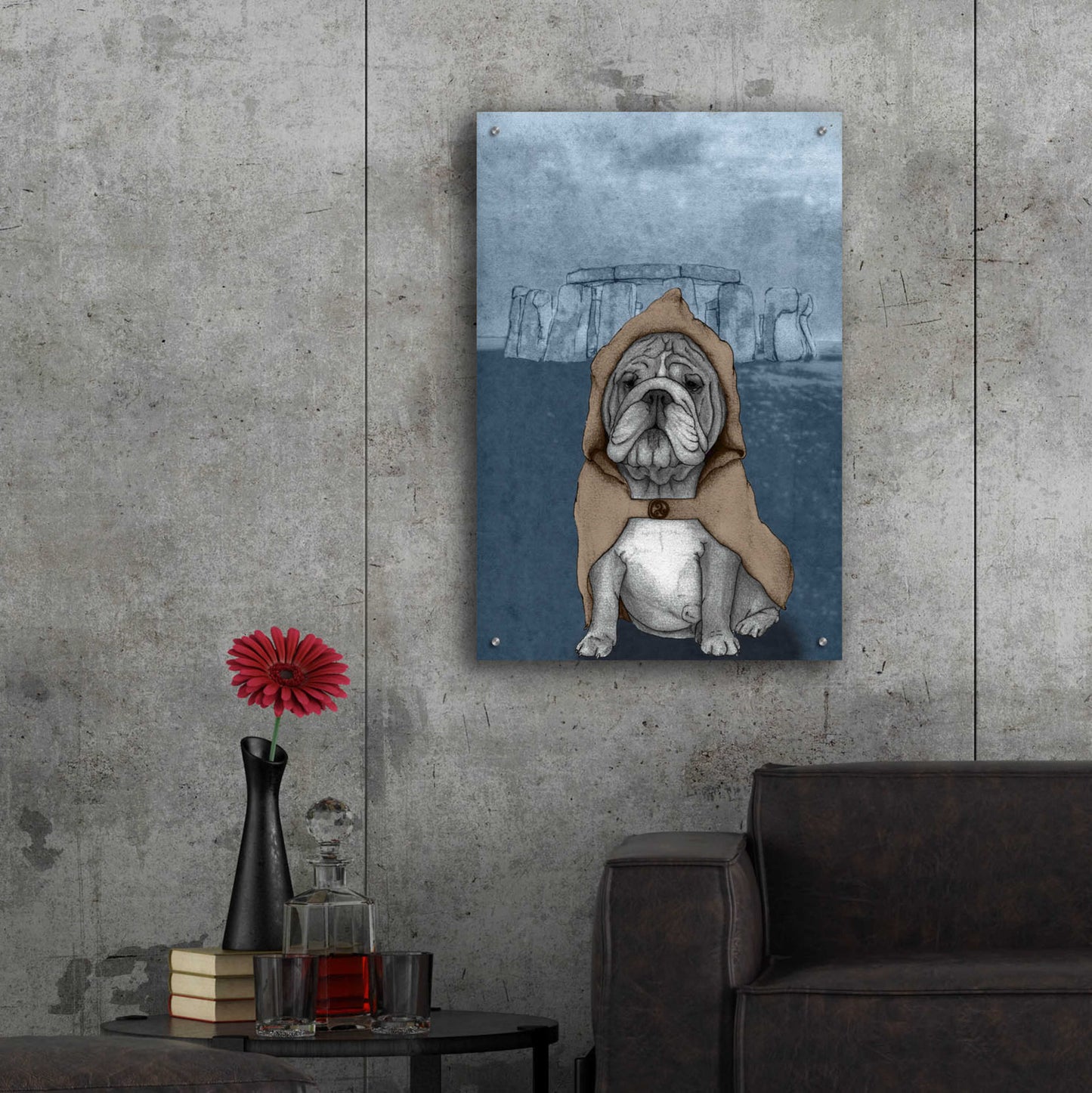 Epic Art 'English Bulldog with Stonehenge' by Barruf Acrylic Glass Wall Art,24x36