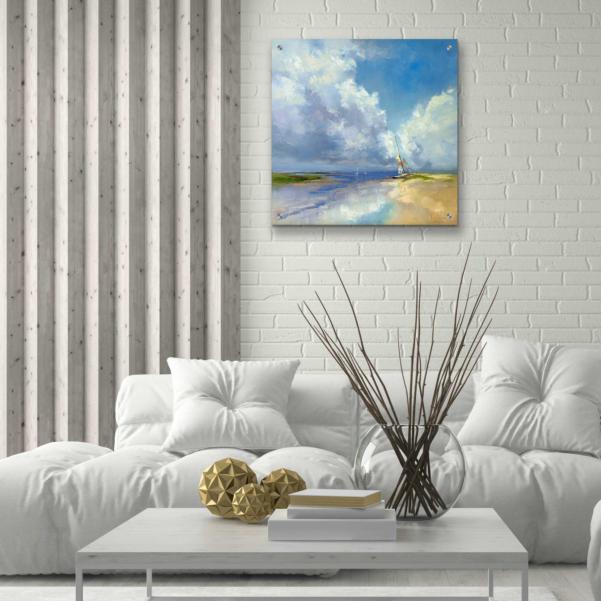 Epic Art 'Sailboat on a Sandy Beach' by Kasia Bruniany Acrylic Glass Wall Art,24x24